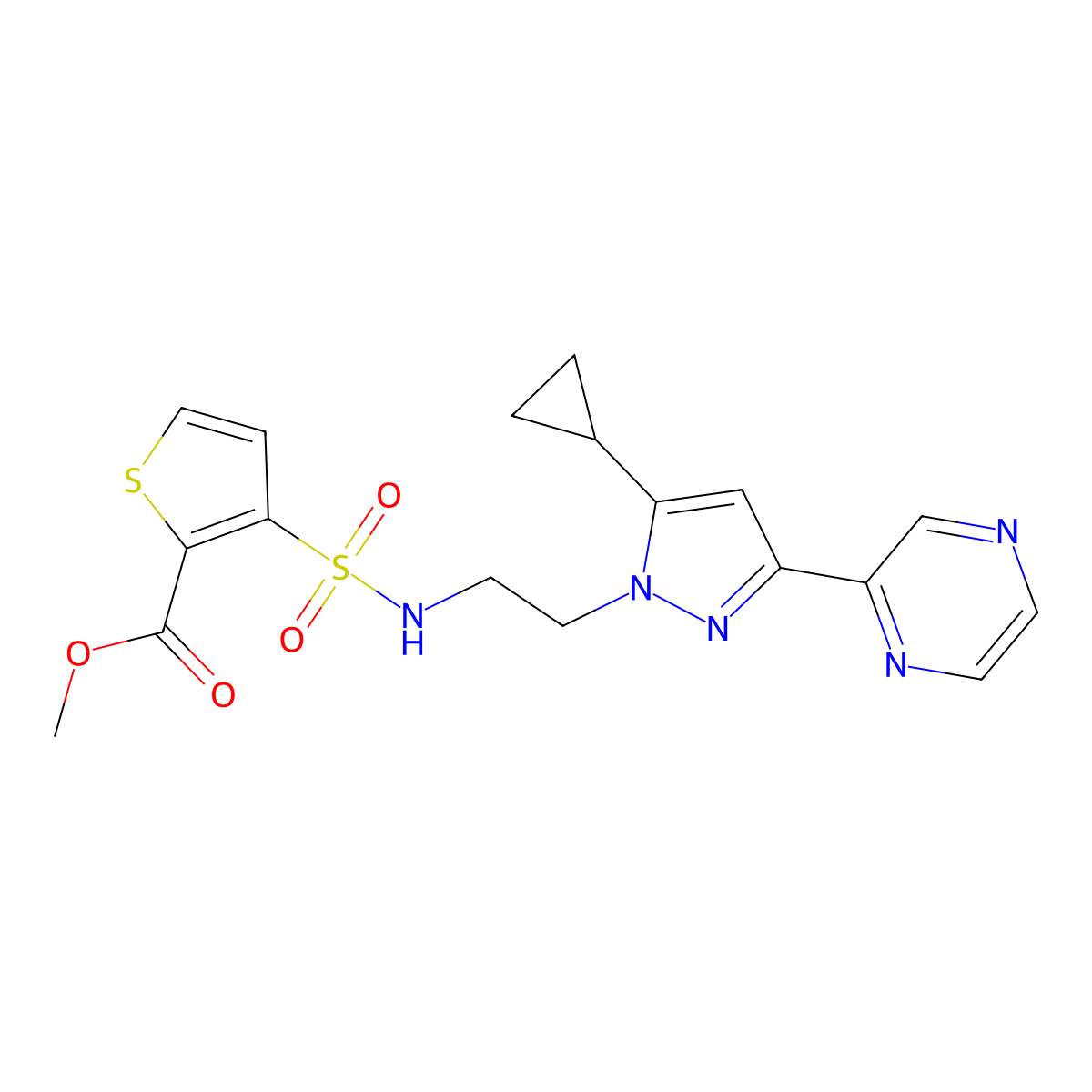 methyl 3-(N-(2-(5-cyclopropyl-3-(pyrazin-2-yl)-1H-pyrazol-1-yl)ethyl)sulfamoyl)thiophene-2-carboxylate molecular structure, CAS 2034372-91-1