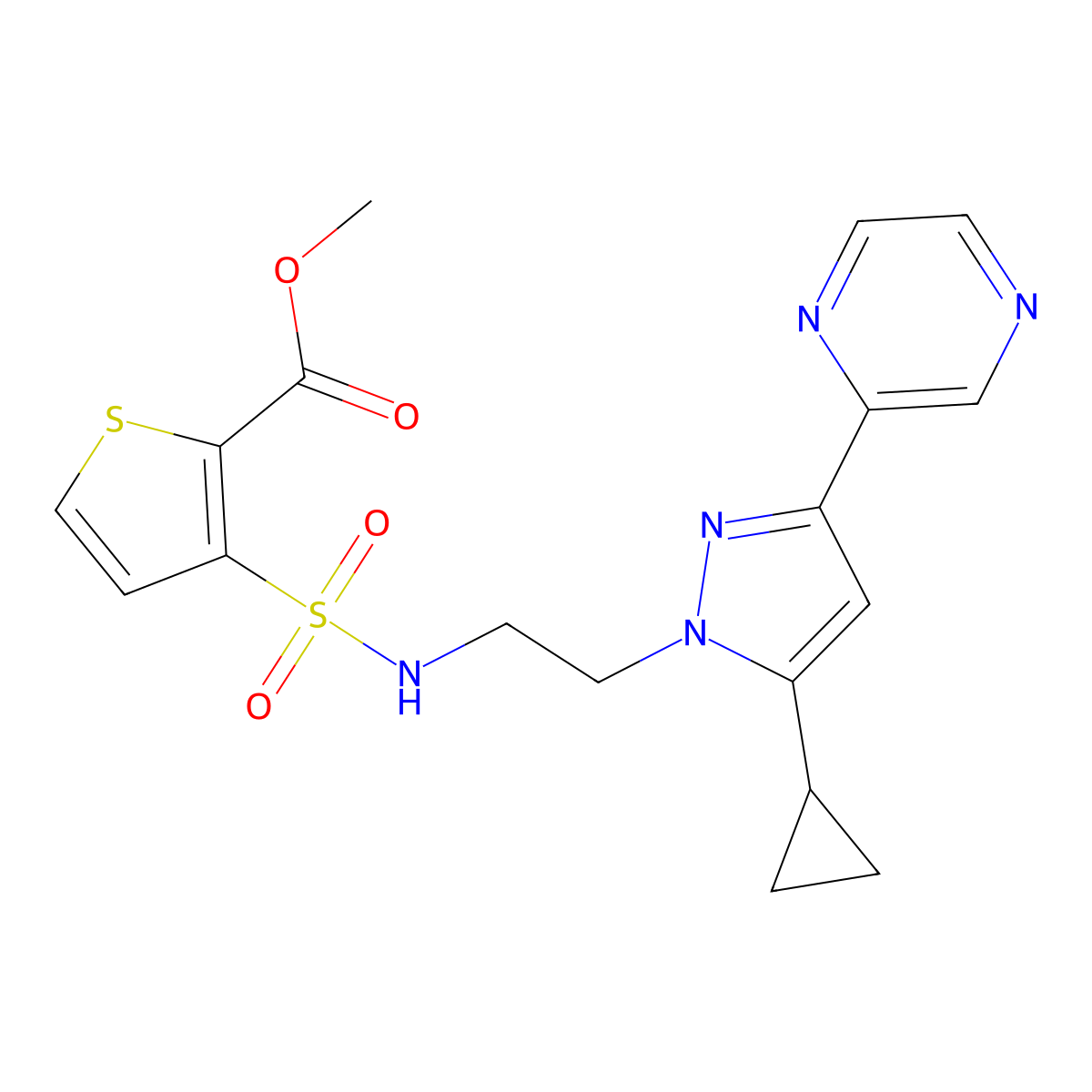 methyl 3-(N-(2-(5-cyclopropyl-3-(pyrazin-2-yl)-1H-pyrazol-1-yl)ethyl)sulfamoyl)thiophene-2-carboxylate molecular structure, CAS 2034372-91-1