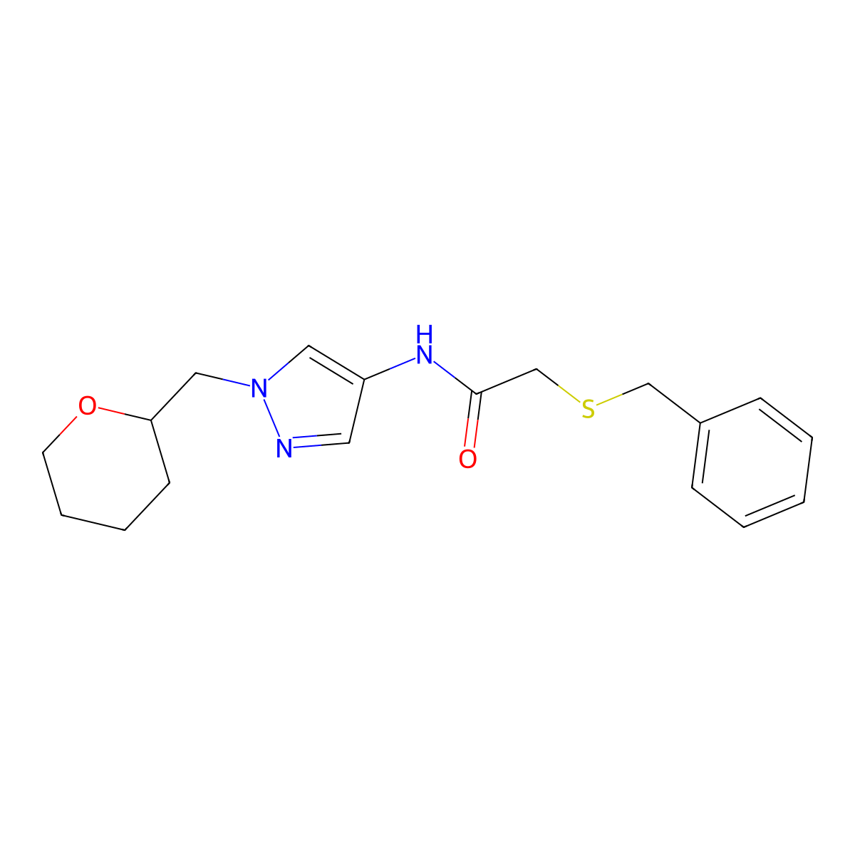 2-(benzylthio)-N-(1-((tetrahydro-2H-pyran-2-yl)methyl)-1H-pyrazol-4-yl)acetamide molecular structure, CAS 2034372-93-3