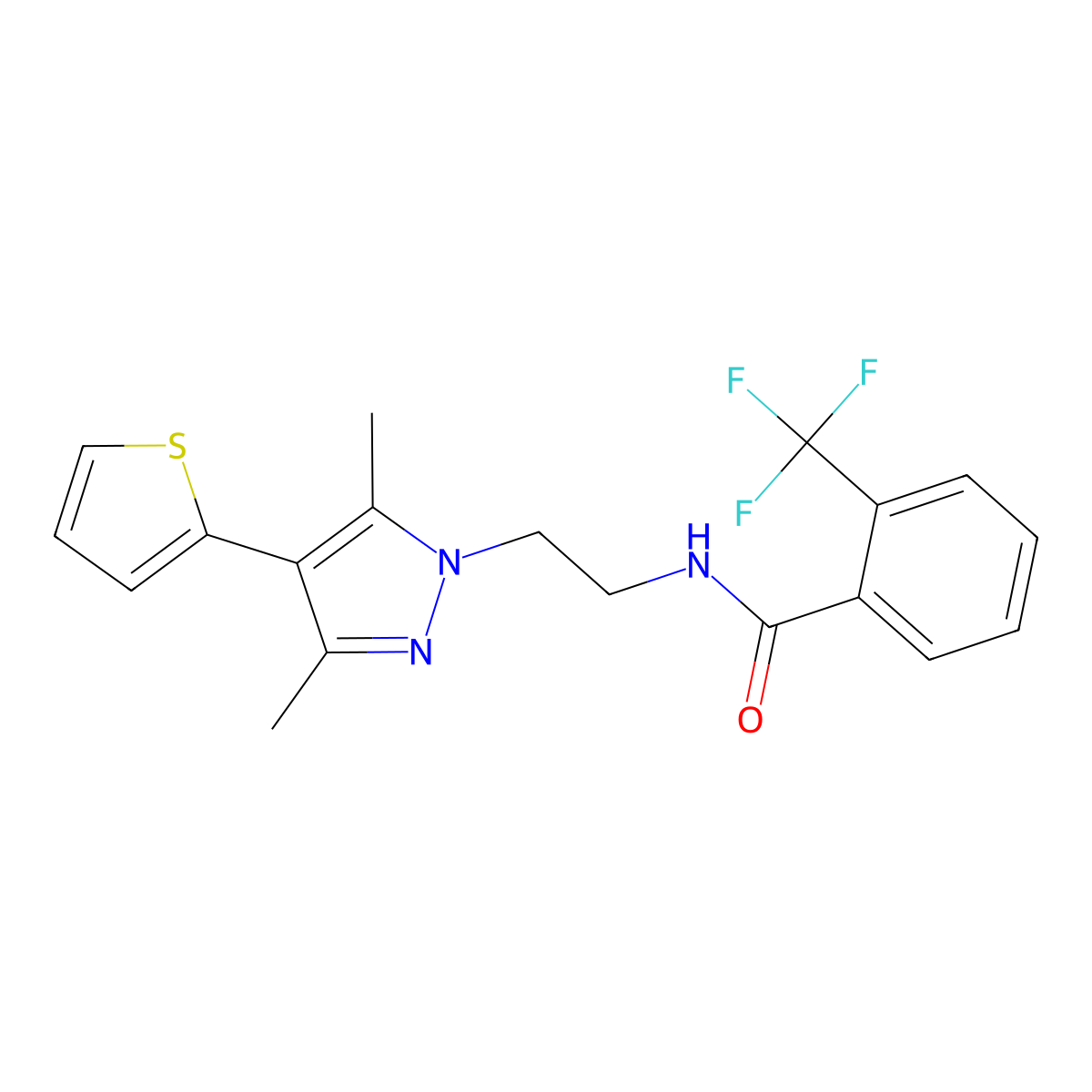 N-(2-(3,5-dimethyl-4-(thiophen-2-yl)-1H-pyrazol-1-yl)ethyl)-2-(trifluoromethyl)benzamide molecular structure, CAS 2034372-99-9