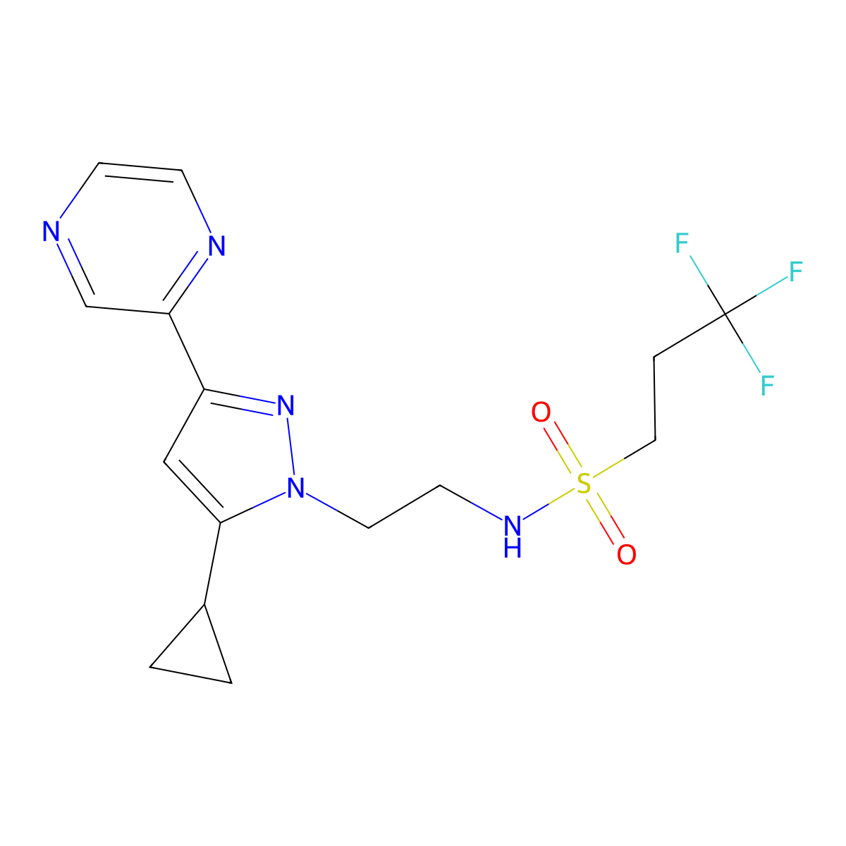 N-{2-[5-cyclopropyl-3-(pyrazin-2-yl)-1H-pyrazol-1-yl]ethyl}-3,3,3-trifluoropropane-1-sulfonamide molecular structure, CAS 2034373-00-5