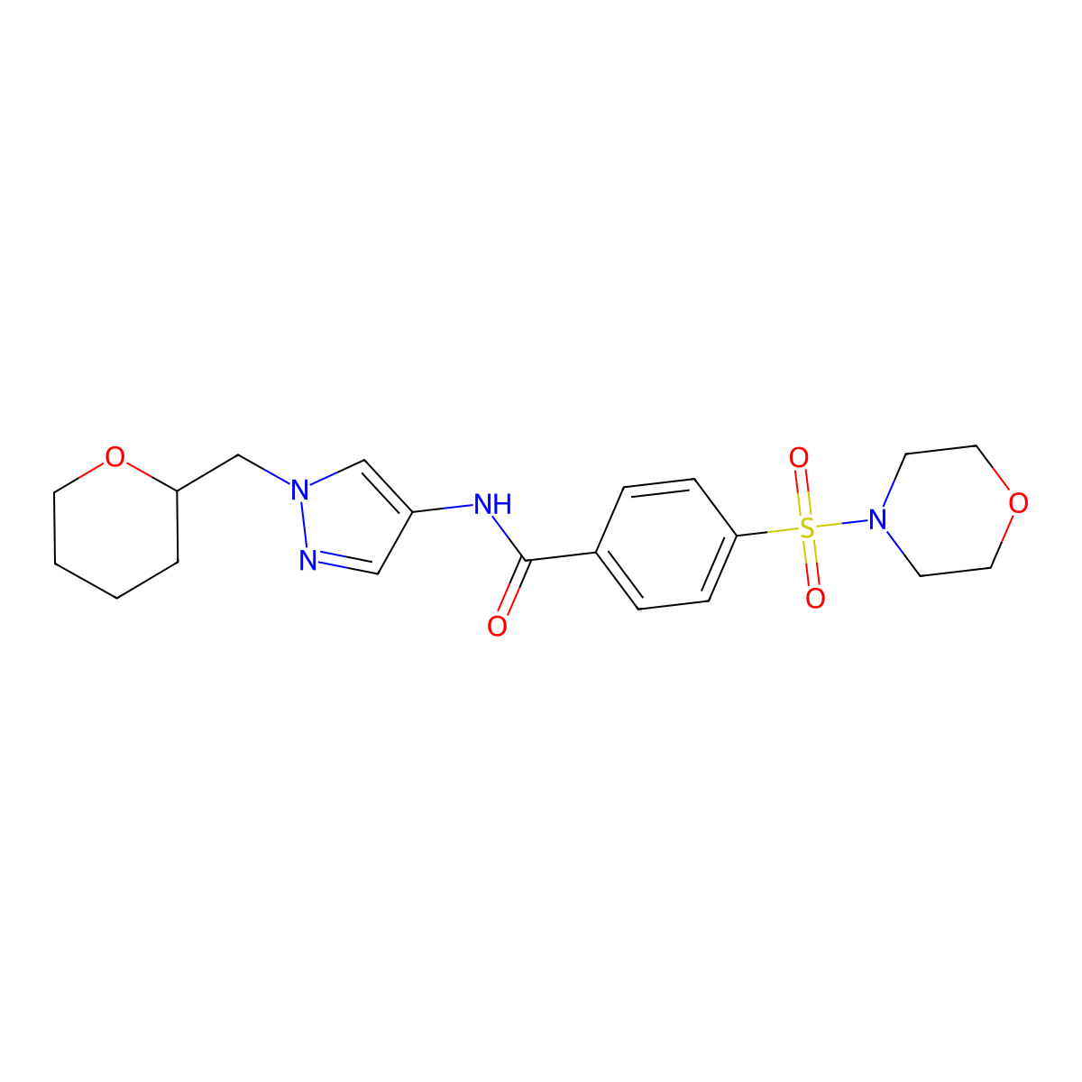 4-(morpholinosulfonyl)-N-(1-((tetrahydro-2H-pyran-2-yl)methyl)-1H-pyrazol-4-yl)benzamide molecular structure, CAS 2034373-03-8