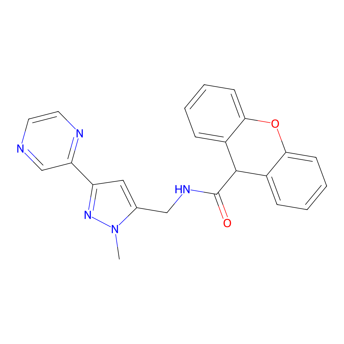 N-((1-methyl-3-(pyrazin-2-yl)-1H-pyrazol-5-yl)methyl)-9H-xanthene-9-carboxamide molecular structure, CAS 2034373-07-2