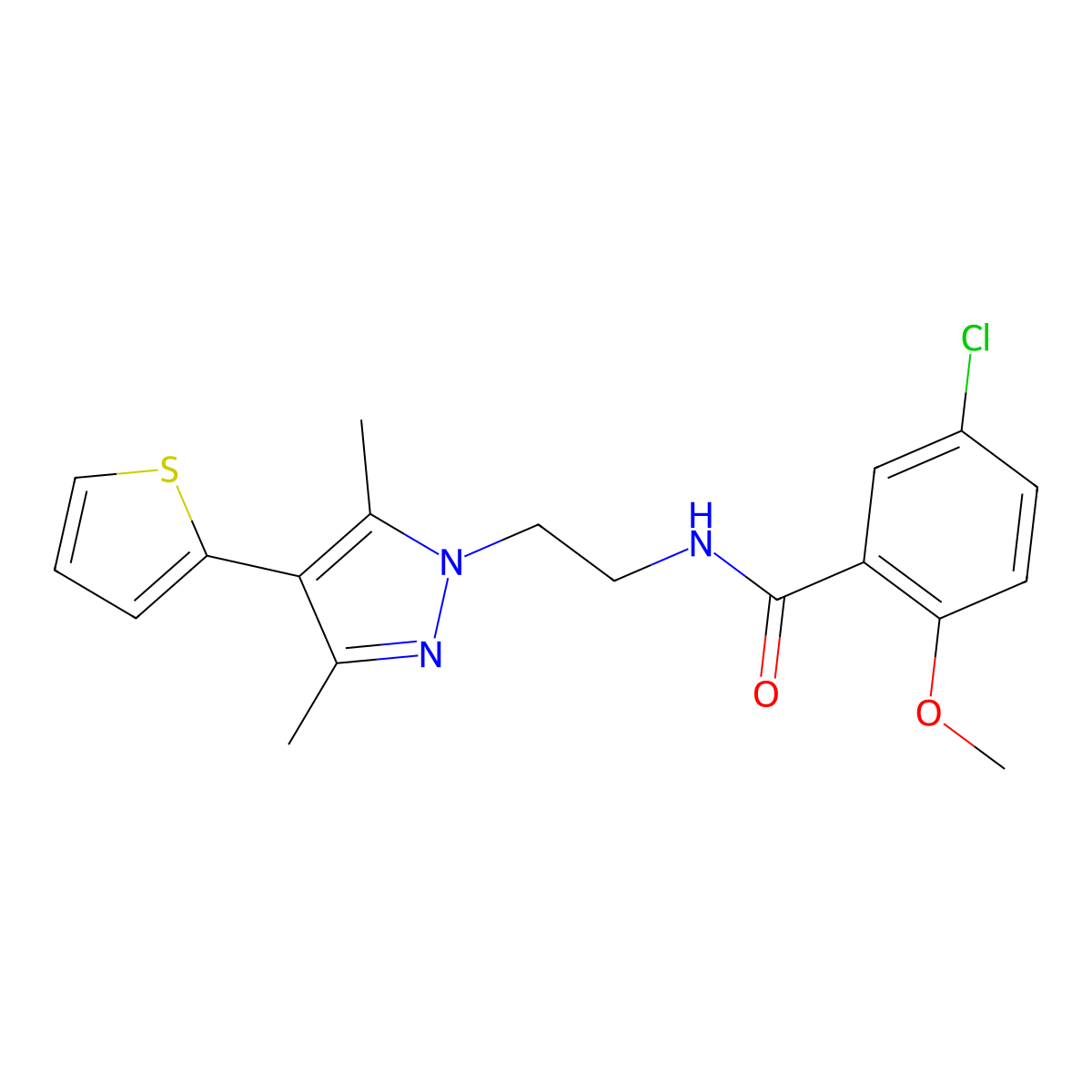 5-chloro-N-(2-(3,5-dimethyl-4-(thiophen-2-yl)-1H-pyrazol-1-yl)ethyl)-2-methoxybenzamide molecular structure, CAS 2034373-08-3