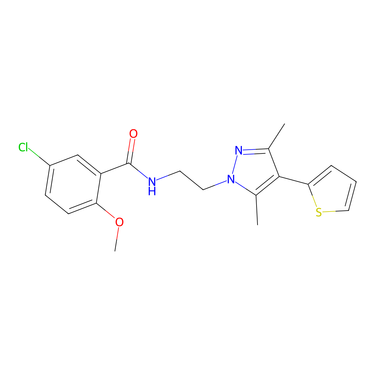 5-chloro-N-(2-(3,5-dimethyl-4-(thiophen-2-yl)-1H-pyrazol-1-yl)ethyl)-2-methoxybenzamide molecular structure, CAS 2034373-08-3