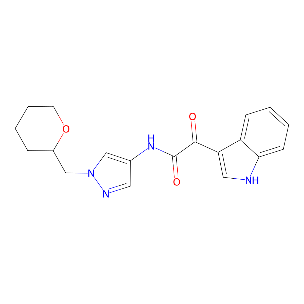2-(1H-indol-3-yl)-2-oxo-N-(1-((tetrahydro-2H-pyran-2-yl)methyl)-1H-pyrazol-4-yl)acetamide molecular structure, CAS 2034373-09-4