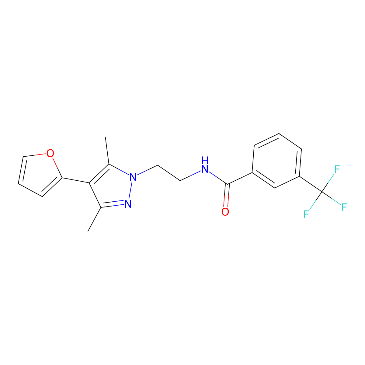 N-{2-[4-(furan-2-yl)-3,5-dimethyl-1H-pyrazol-1-yl]ethyl}-3-(trifluoromethyl)benzamide molecular structure, CAS 2034373-11-8