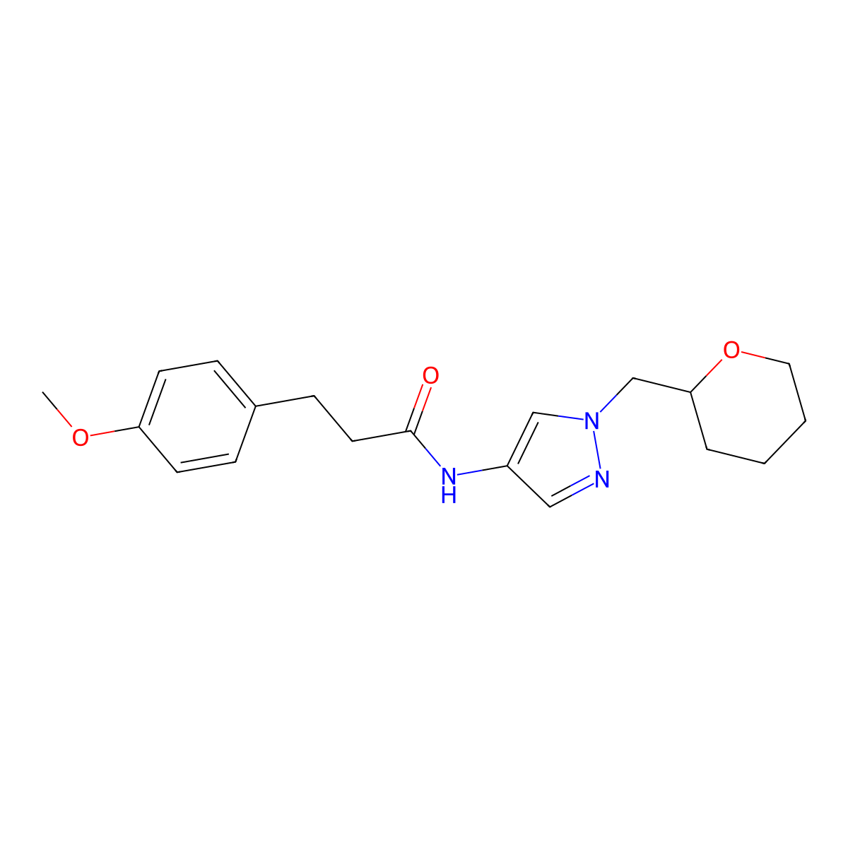 3-(4-methoxyphenyl)-N-(1-((tetrahydro-2H-pyran-2-yl)methyl)-1H-pyrazol-4-yl)propanamide molecular structure, CAS 2034373-16-3