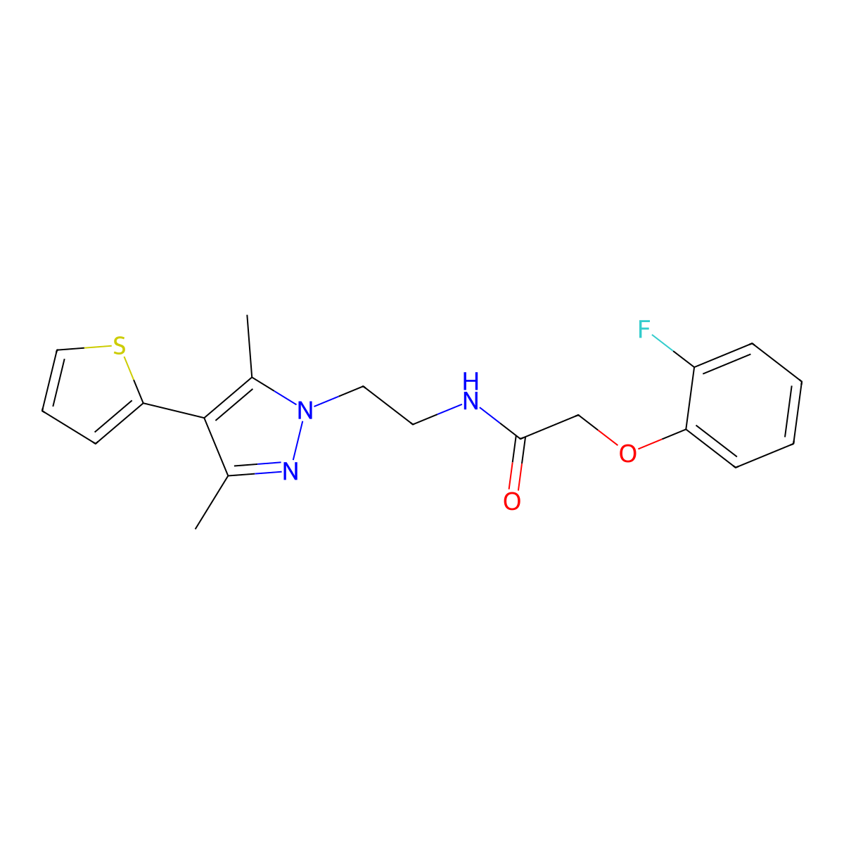 N-{2-[3,5-dimethyl-4-(thiophen-2-yl)-1H-pyrazol-1-yl]ethyl}-2-(2-fluorophenoxy)acetamide molecular structure, CAS 2034373-17-4