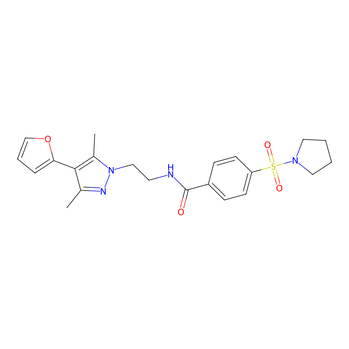N-(2-(4-(furan-2-yl)-3,5-dimethyl-1H-pyrazol-1-yl)ethyl)-4-(pyrrolidin-1-ylsulfonyl)benzamide molecular structure, CAS 2034373-19-6