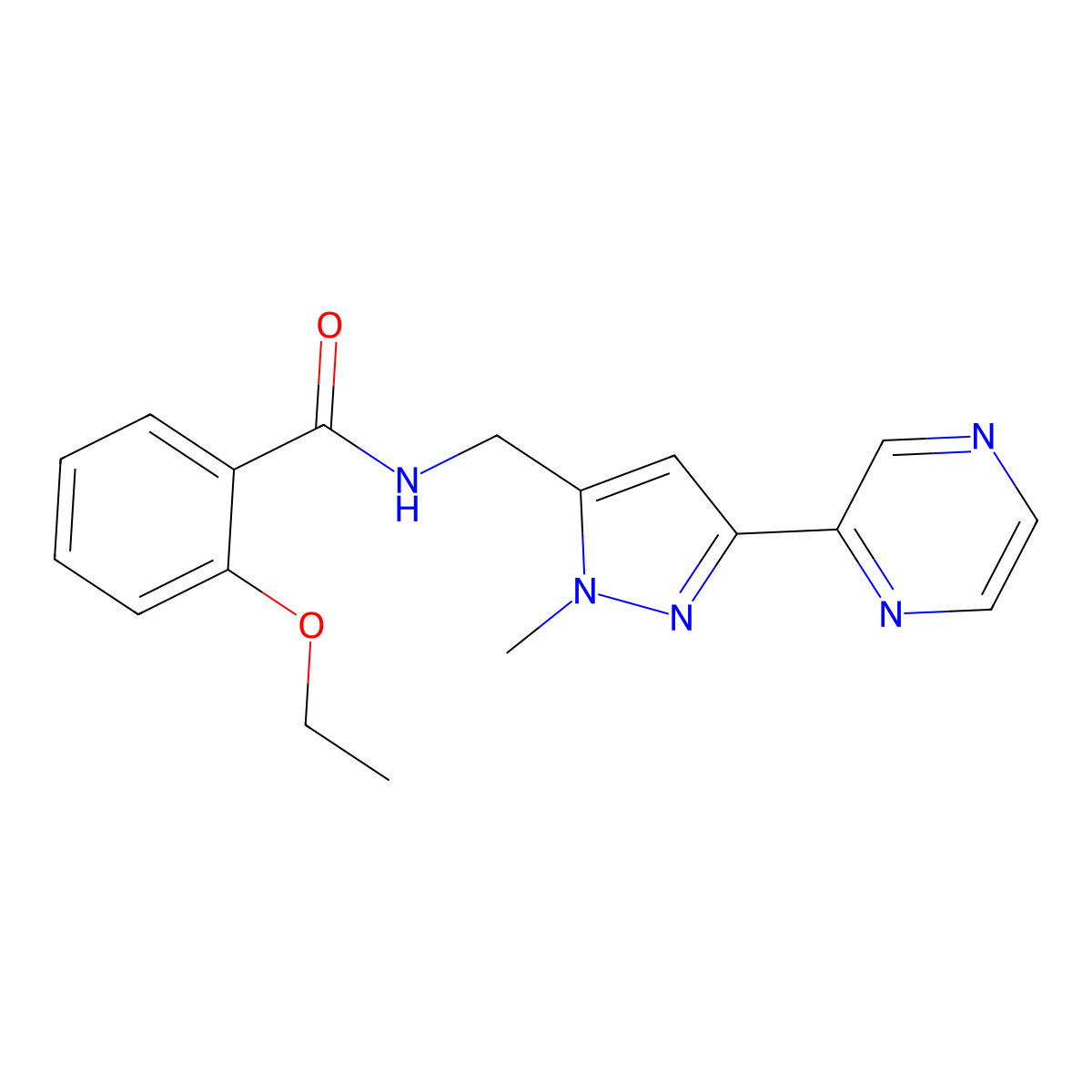 2-ethoxy-N-((1-methyl-3-(pyrazin-2-yl)-1H-pyrazol-5-yl)methyl)benzamide molecular structure, CAS 2034373-21-0