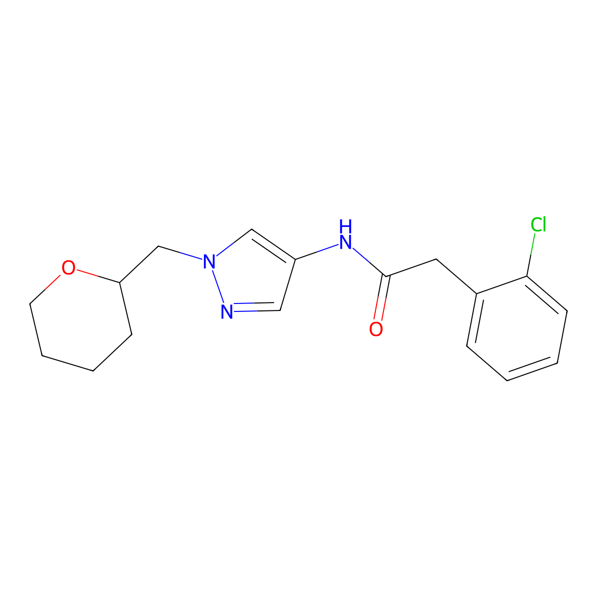 2-(2-chlorophenyl)-N-(1-((tetrahydro-2H-pyran-2-yl)methyl)-1H-pyrazol-4-yl)acetamide molecular structure, CAS 2034373-24-3