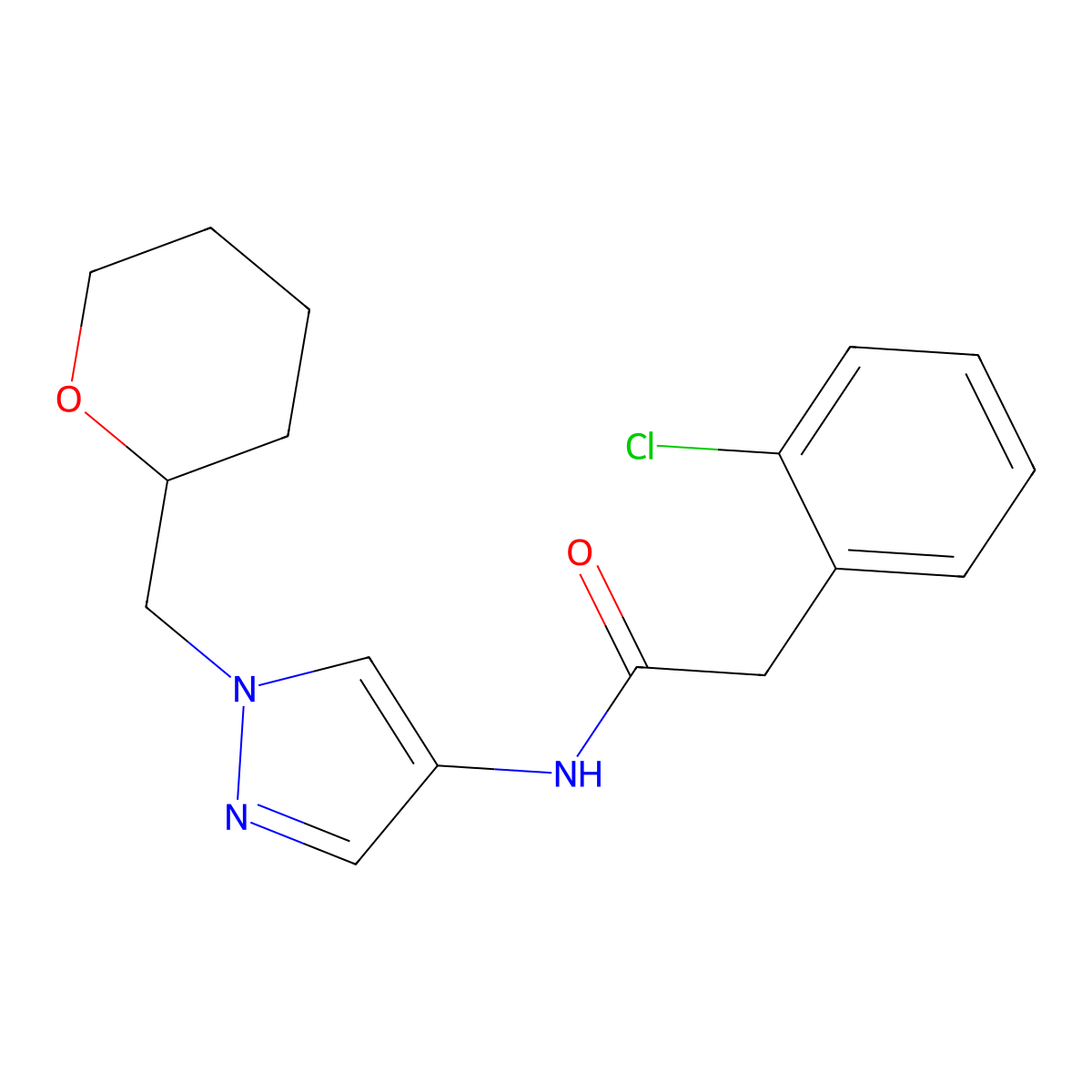 2-(2-chlorophenyl)-N-(1-((tetrahydro-2H-pyran-2-yl)methyl)-1H-pyrazol-4-yl)acetamide molecular structure, CAS 2034373-24-3