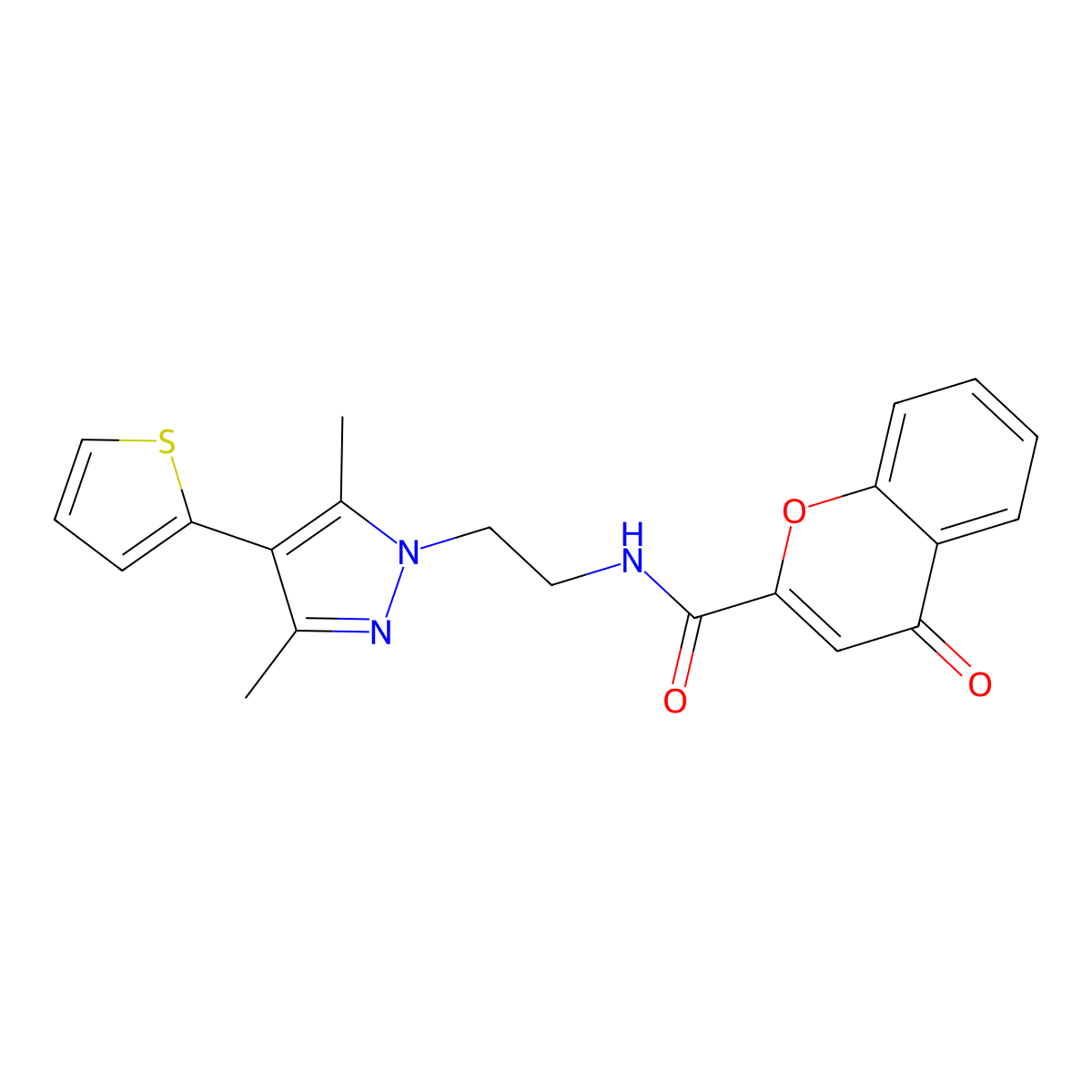 N-{2-[3,5-dimethyl-4-(thiophen-2-yl)-1H-pyrazol-1-yl]ethyl}-4-oxo-4H-chromene-2-carboxamide molecular structure, CAS 2034373-25-4