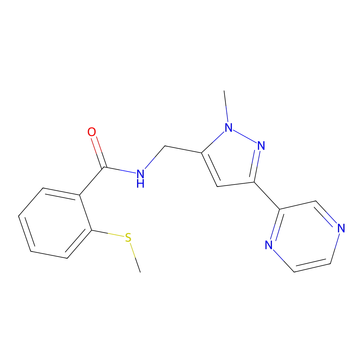 N-((1-methyl-3-(pyrazin-2-yl)-1H-pyrazol-5-yl)methyl)-2-(methylthio)benzamide molecular structure, CAS 2034373-31-2