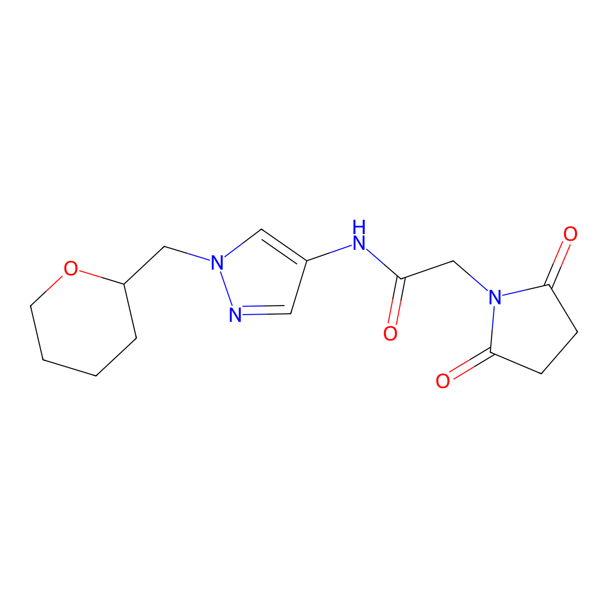 2-(2,5-dioxopyrrolidin-1-yl)-N-(1-((tetrahydro-2H-pyran-2-yl)methyl)-1H-pyrazol-4-yl)acetamide molecular structure, CAS 2034373-32-3