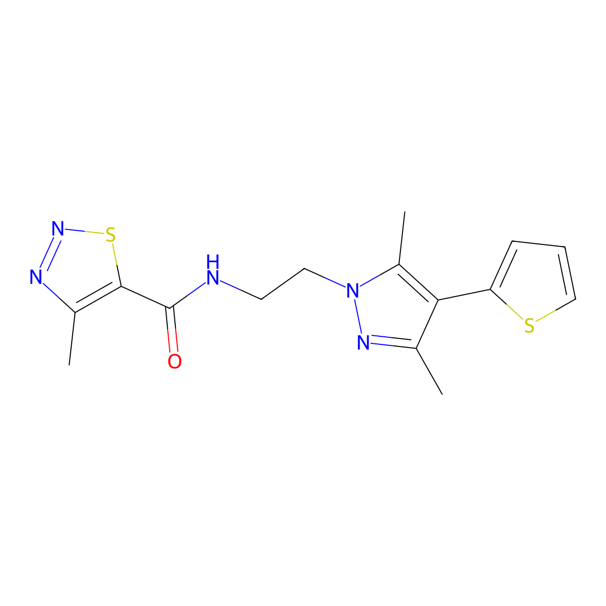 N-{2-[3,5-dimethyl-4-(thiophen-2-yl)-1H-pyrazol-1-yl]ethyl}-4-methyl-1,2,3-thiadiazole-5-carboxamide molecular structure, CAS 2034373-34-5