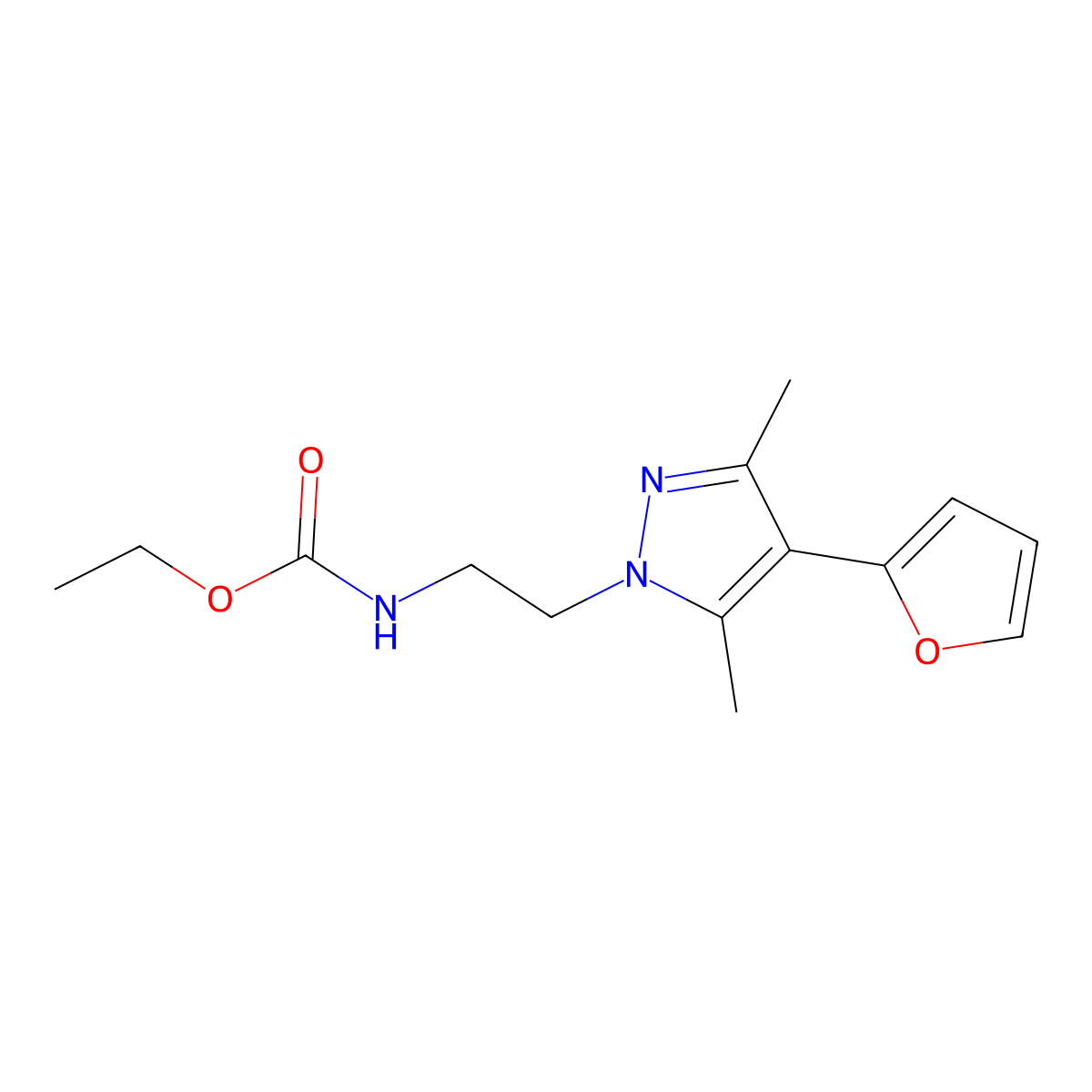 ethyl (2-(4-(furan-2-yl)-3,5-dimethyl-1H-pyrazol-1-yl)ethyl)carbamate molecular structure, CAS 2034373-35-6
