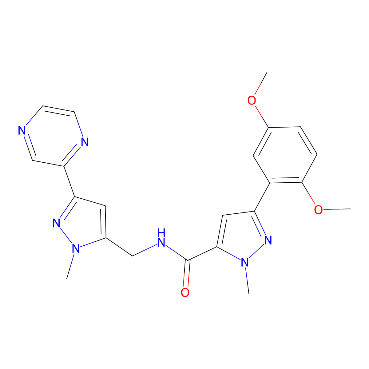 3-(2,5-dimethoxyphenyl)-1-methyl-N-{[1-methyl-3-(pyrazin-2-yl)-1H-pyrazol-5-yl]methyl}-1H-pyrazole-5-carboxamide molecular structure, CAS 2034373-39-0