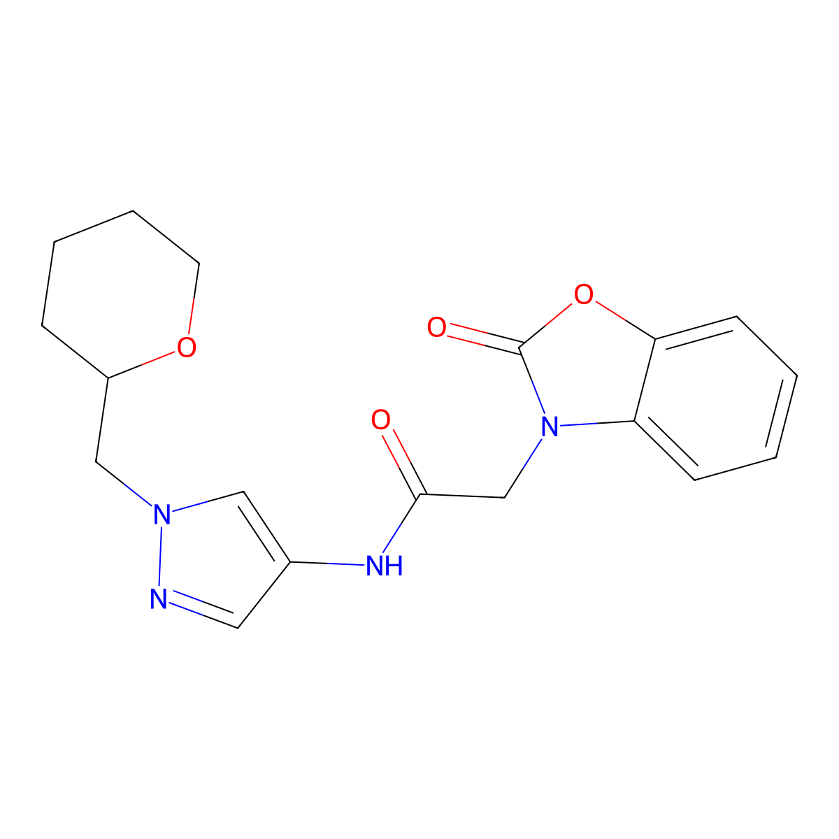 2-(2-oxobenzo[d]oxazol-3(2H)-yl)-N-(1-((tetrahydro-2H-pyran-2-yl)methyl)-1H-pyrazol-4-yl)acetamide molecular structure, CAS 2034373-40-3