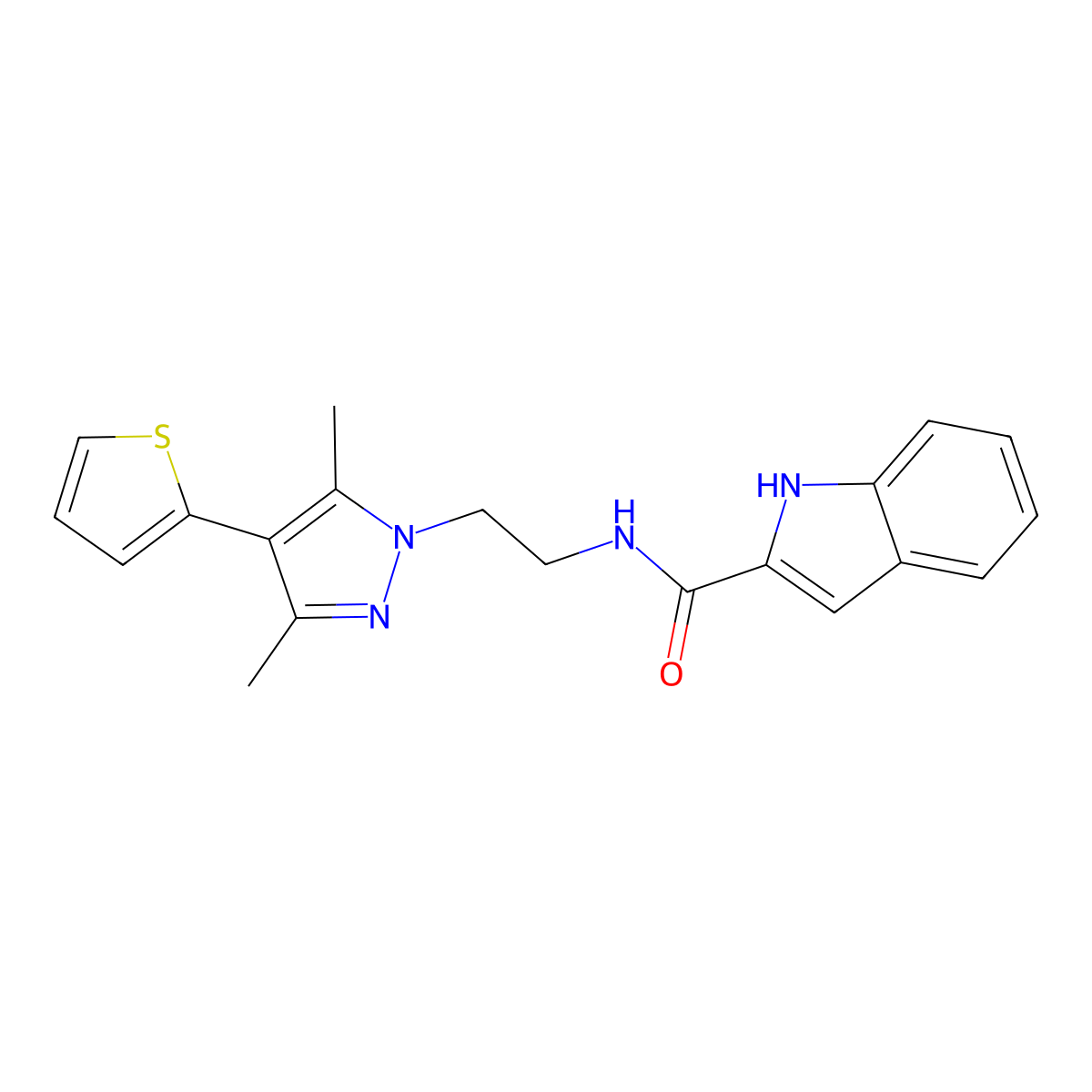 N-{2-[3,5-dimethyl-4-(thiophen-2-yl)-1H-pyrazol-1-yl]ethyl}-1H-indole-2-carboxamide molecular structure, CAS 2034373-42-5