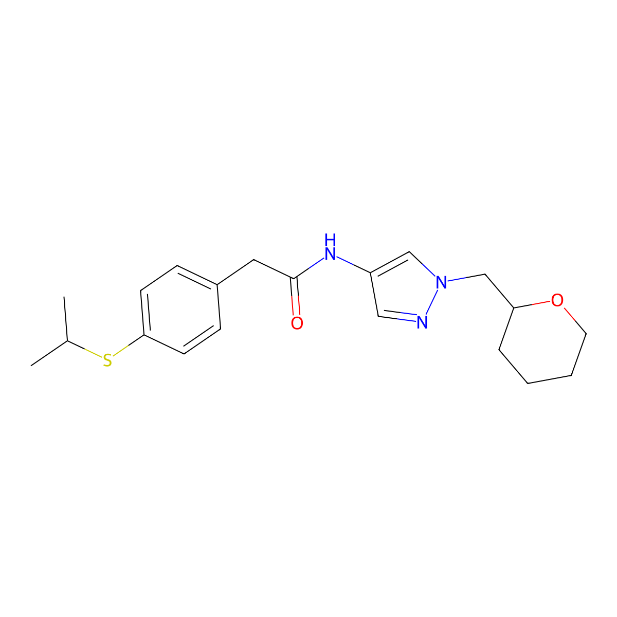 2-(4-(isopropylthio)phenyl)-N-(1-((tetrahydro-2H-pyran-2-yl)methyl)-1H-pyrazol-4-yl)acetamide molecular structure, CAS 2034373-44-7