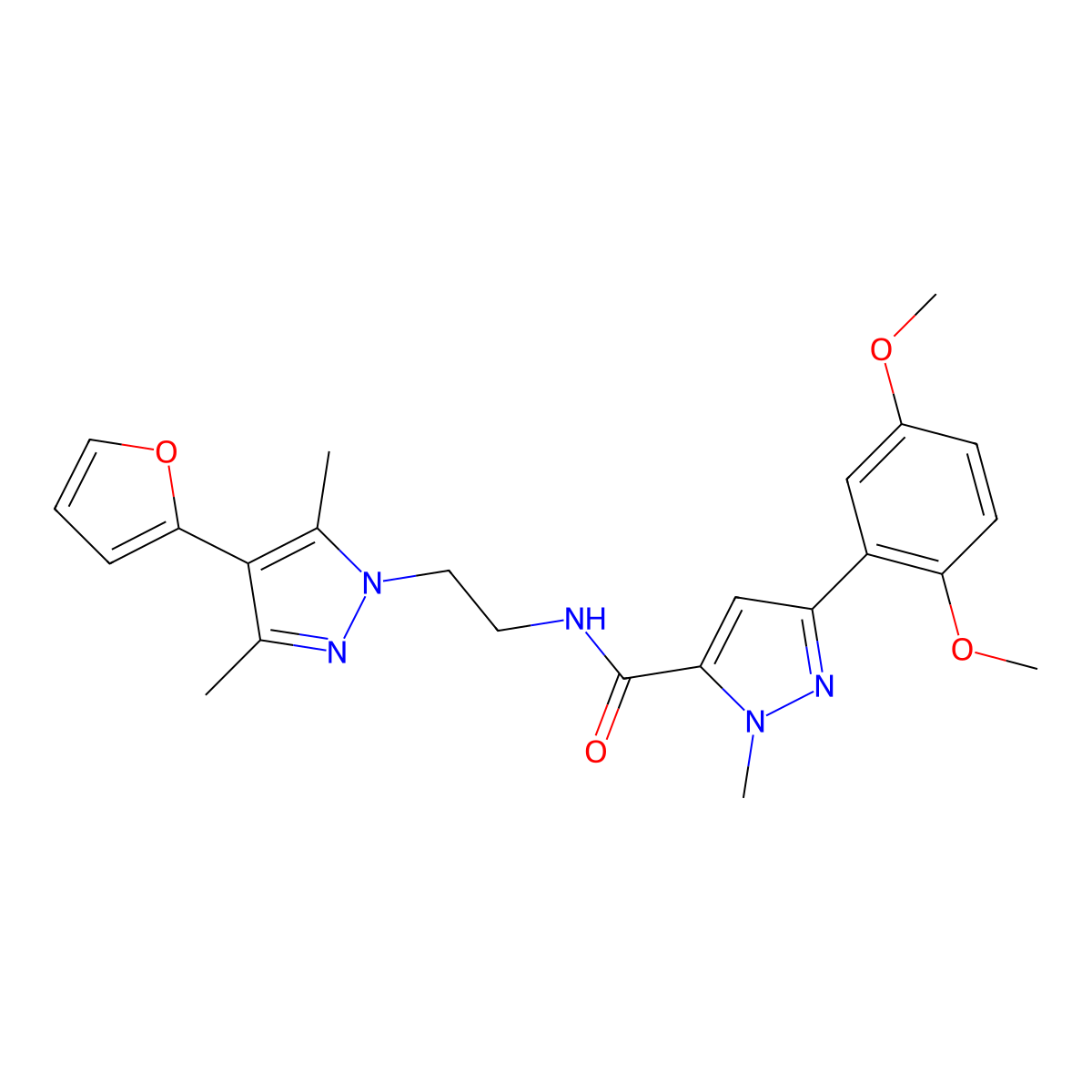 3-(2,5-dimethoxyphenyl)-N-(2-(4-(furan-2-yl)-3,5-dimethyl-1H-pyrazol-1-yl)ethyl)-1-methyl-1H-pyrazole-5-carboxamide molecular structure, CAS 2034373-46-9