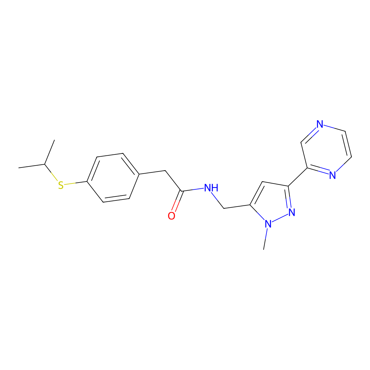 2-(4-(isopropylthio)phenyl)-N-((1-methyl-3-(pyrazin-2-yl)-1H-pyrazol-5-yl)methyl)acetamide molecular structure, CAS 2034373-47-0