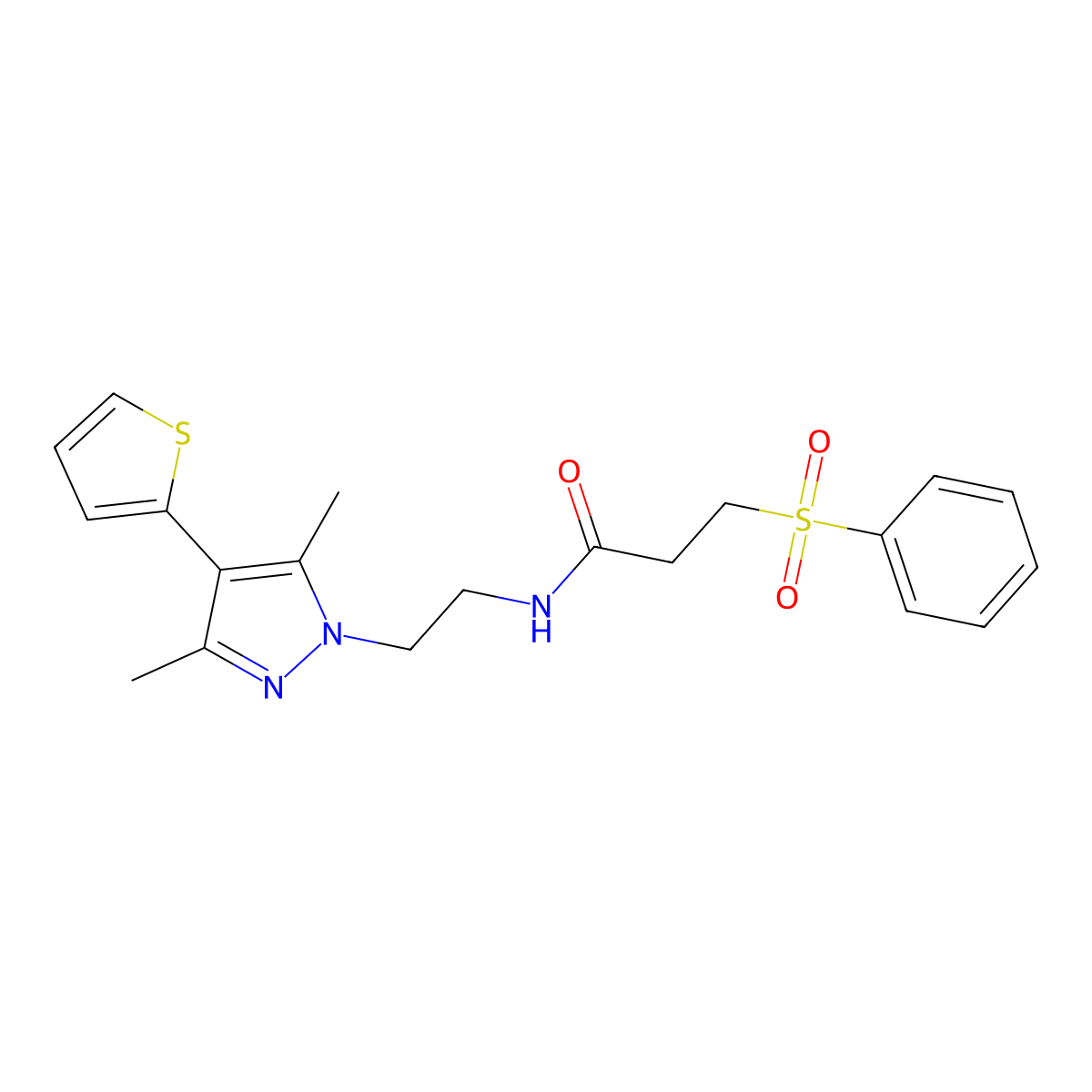 N-(2-(3,5-dimethyl-4-(thiophen-2-yl)-1H-pyrazol-1-yl)ethyl)-3-(phenylsulfonyl)propanamide molecular structure, CAS 2034373-51-6
