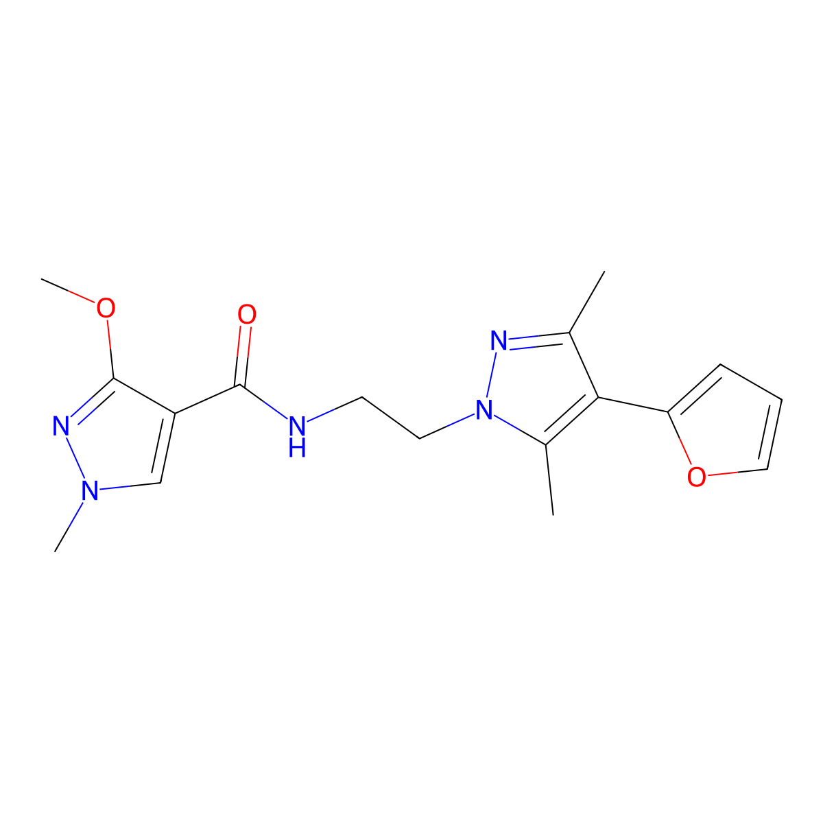 N-{2-[4-(furan-2-yl)-3,5-dimethyl-1H-pyrazol-1-yl]ethyl}-3-methoxy-1-methyl-1H-pyrazole-4-carboxamide molecular structure, CAS 2034373-54-9
