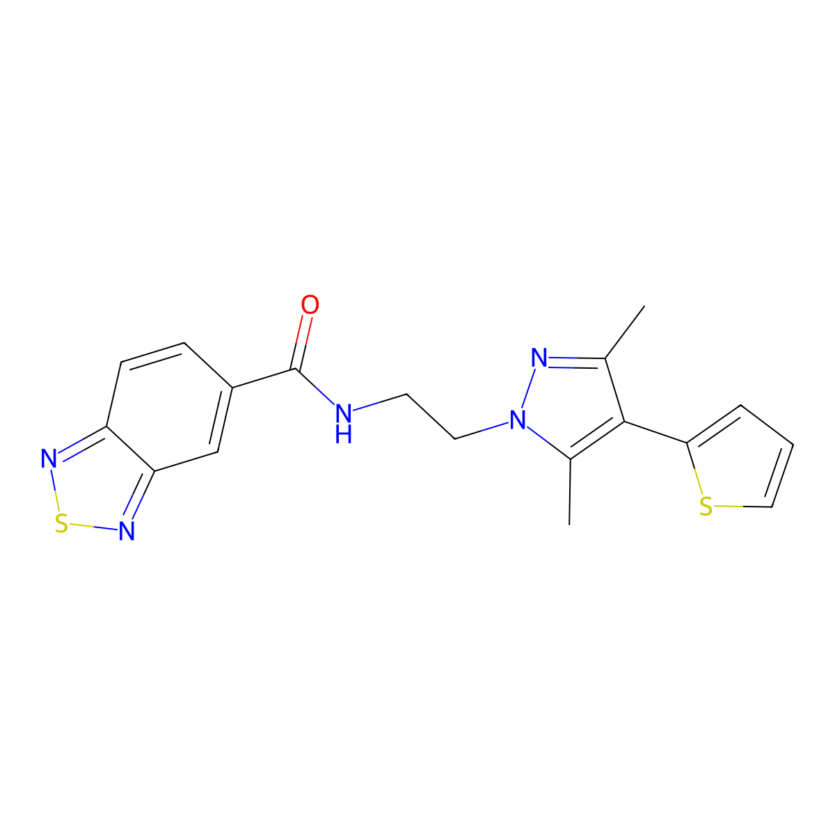 N-(2-(3,5-dimethyl-4-(thiophen-2-yl)-1H-pyrazol-1-yl)ethyl)benzo[c][1,2,5]thiadiazole-5-carboxamide molecular structure, CAS 2034373-58-3