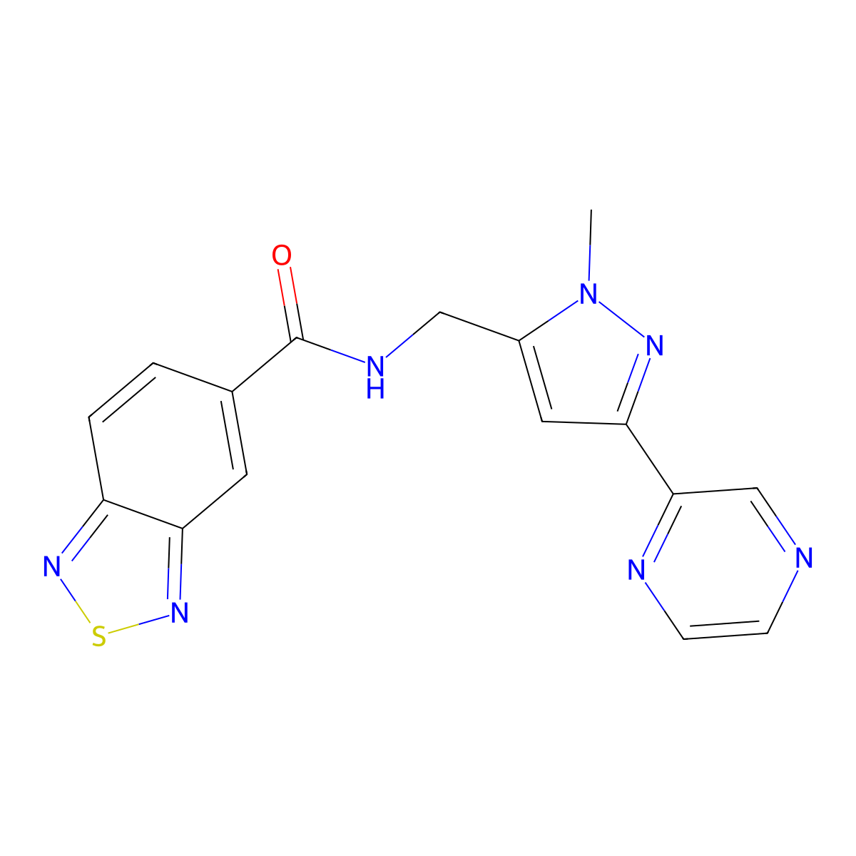 N-((1-methyl-3-(pyrazin-2-yl)-1H-pyrazol-5-yl)methyl)benzo[c][1,2,5]thiadiazole-5-carboxamide molecular structure, CAS 2034373-59-4