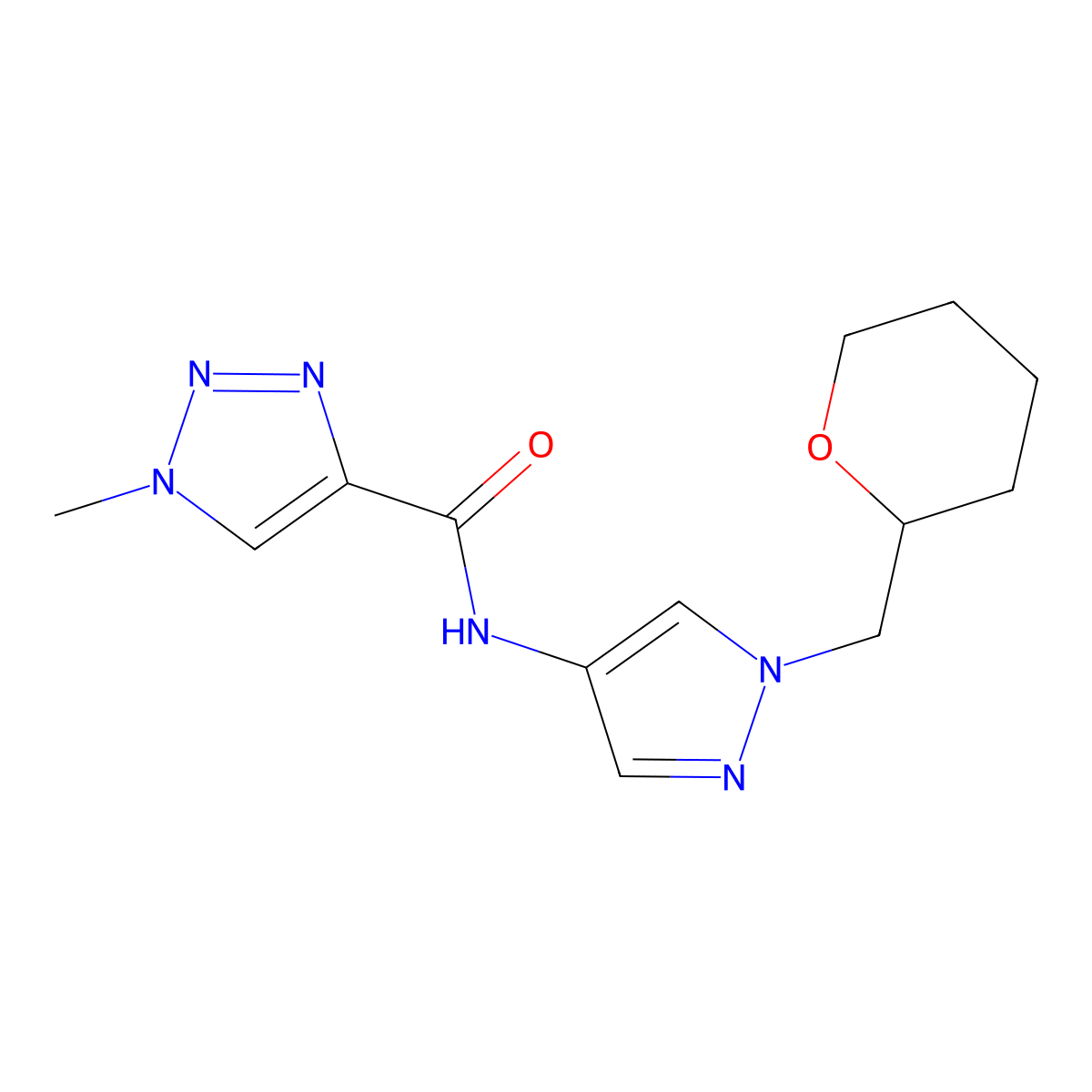1-methyl-N-(1-((tetrahydro-2H-pyran-2-yl)methyl)-1H-pyrazol-4-yl)-1H-1,2,3-triazole-4-carboxamide molecular structure, CAS 2034373-62-9