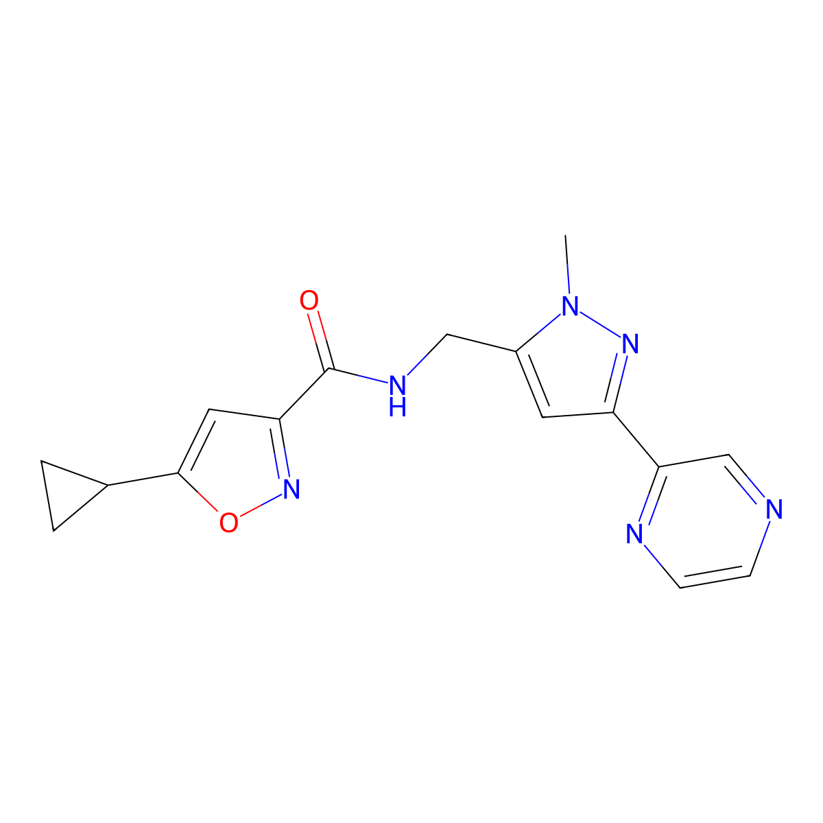 5-cyclopropyl-N-((1-methyl-3-(pyrazin-2-yl)-1H-pyrazol-5-yl)methyl)isoxazole-3-carboxamide molecular structure, CAS 2034373-63-0