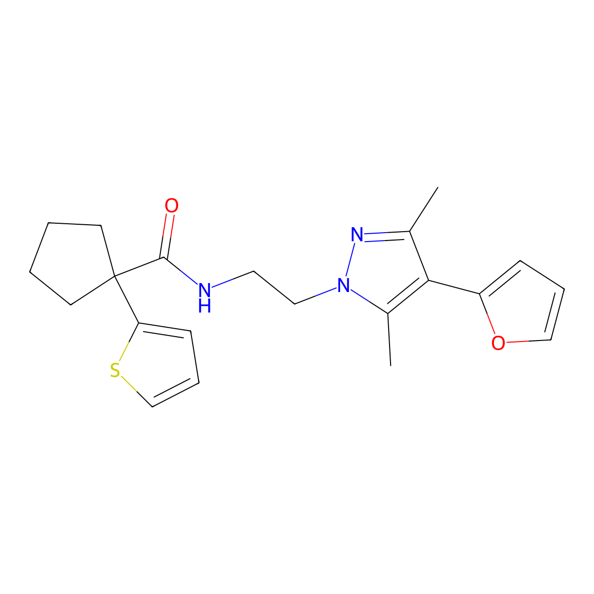 N-(2-(4-(furan-2-yl)-3,5-dimethyl-1H-pyrazol-1-yl)ethyl)-1-(thiophen-2-yl)cyclopentanecarboxamide molecular structure, CAS 2034373-66-3