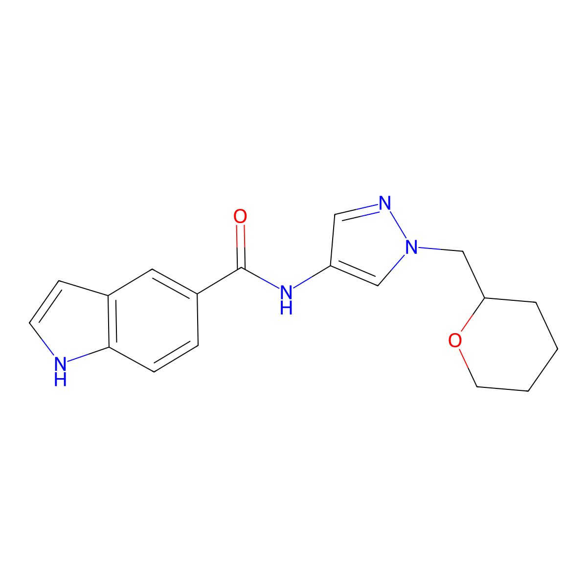 N-(1-((tetrahydro-2H-pyran-2-yl)methyl)-1H-pyrazol-4-yl)-1H-indole-5-carboxamide molecular structure, CAS 2034373-70-9