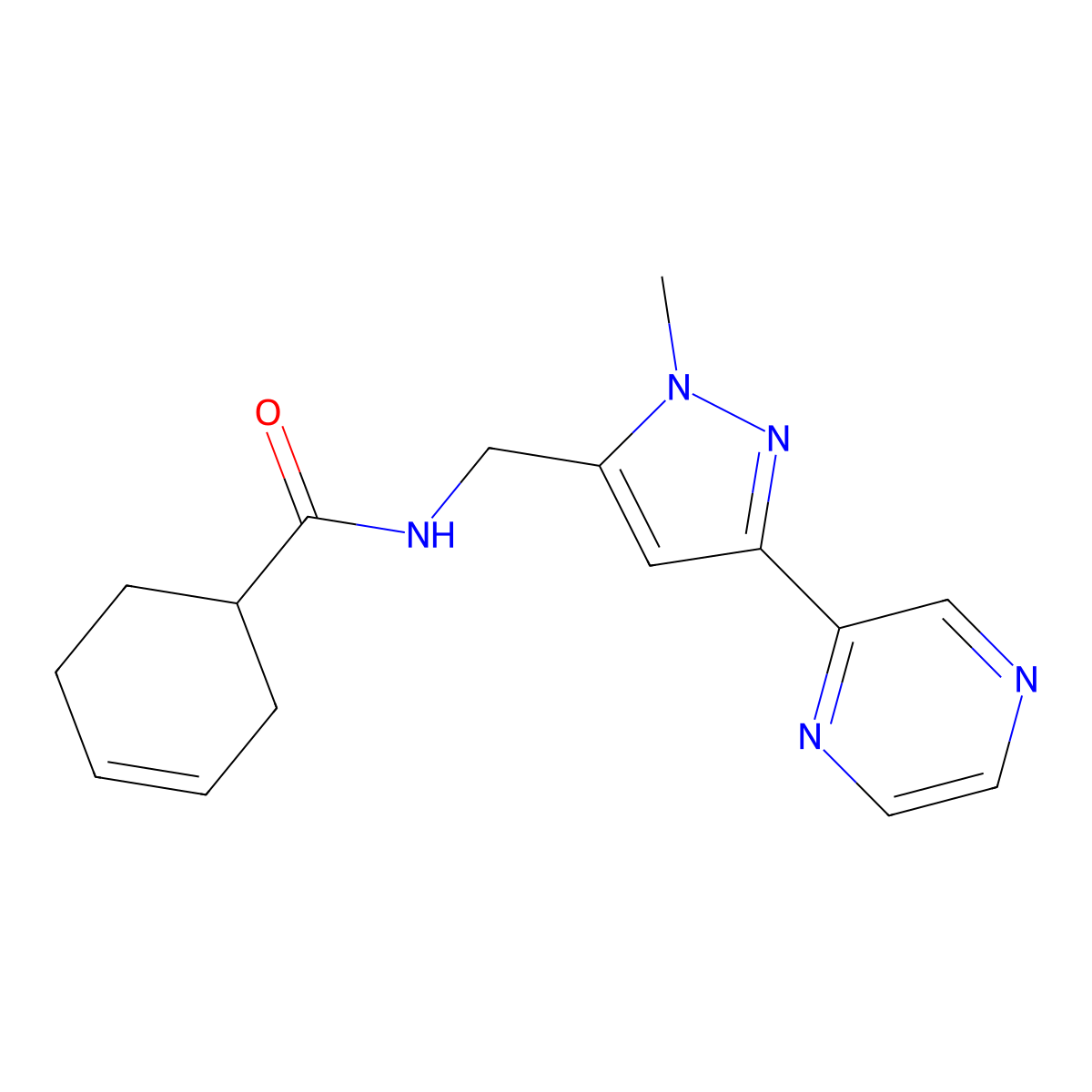 N-((1-methyl-3-(pyrazin-2-yl)-1H-pyrazol-5-yl)methyl)cyclohex-3-enecarboxamide molecular structure, CAS 2034373-73-2