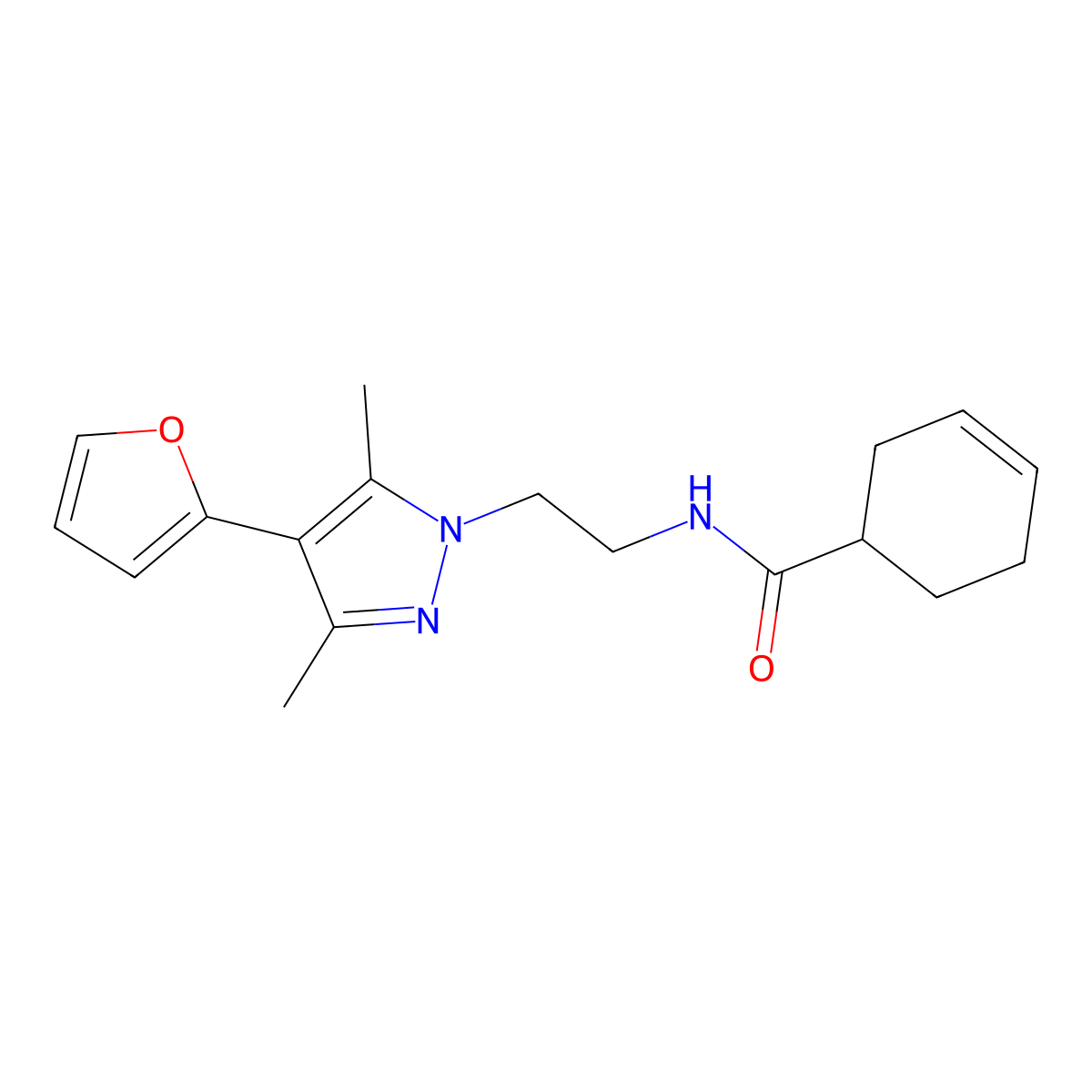 N-(2-(4-(furan-2-yl)-3,5-dimethyl-1H-pyrazol-1-yl)ethyl)cyclohex-3-enecarboxamide molecular structure, CAS 2034373-75-4