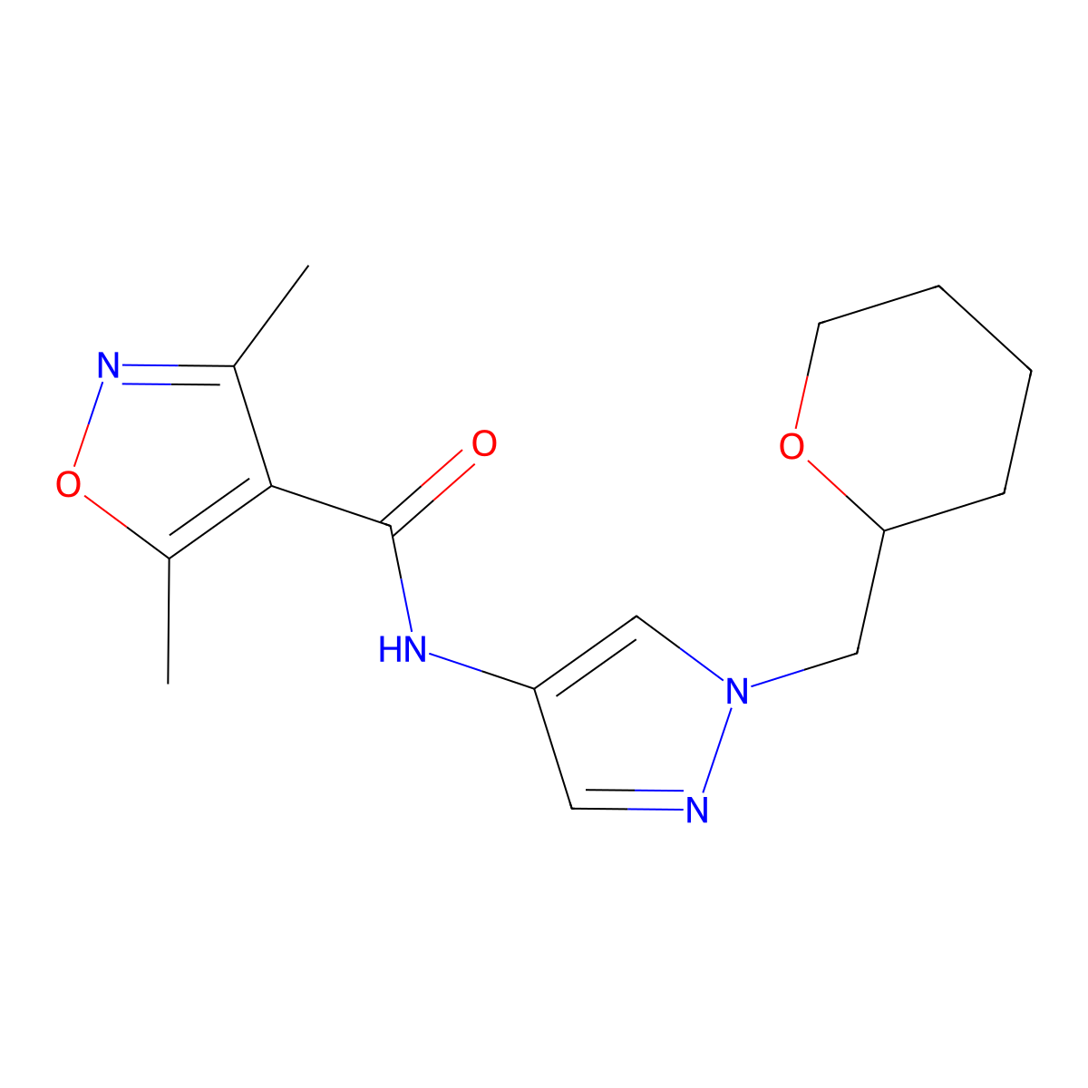 3,5-dimethyl-N-(1-((tetrahydro-2H-pyran-2-yl)methyl)-1H-pyrazol-4-yl)isoxazole-4-carboxamide molecular structure, CAS 2034373-77-6