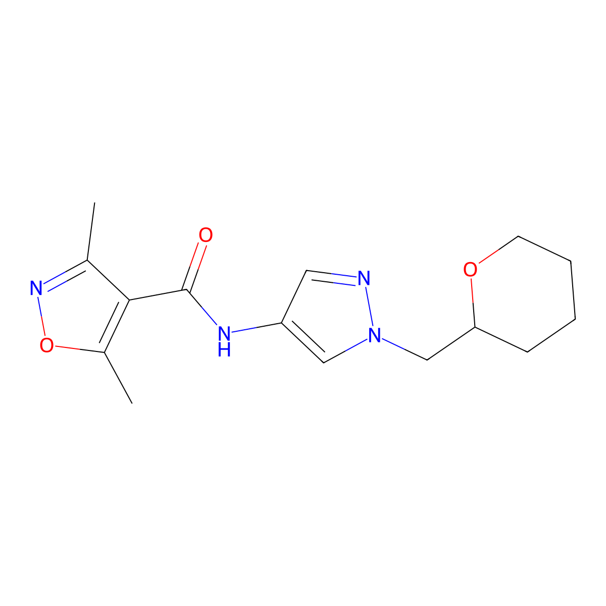 3,5-dimethyl-N-(1-((tetrahydro-2H-pyran-2-yl)methyl)-1H-pyrazol-4-yl)isoxazole-4-carboxamide molecular structure, CAS 2034373-77-6
