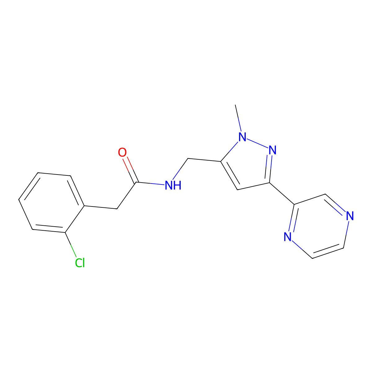 2-(2-chlorophenyl)-N-{[1-methyl-3-(pyrazin-2-yl)-1H-pyrazol-5-yl]methyl}acetamide molecular structure, CAS 2034373-83-4