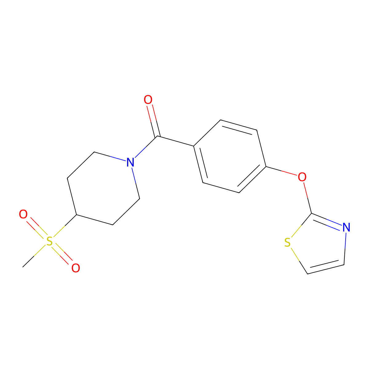(4-(Methylsulfonyl)piperidin-1-yl)(4-(thiazol-2-yloxy)phenyl)methanone molecular structure, CAS 2034373-84-5