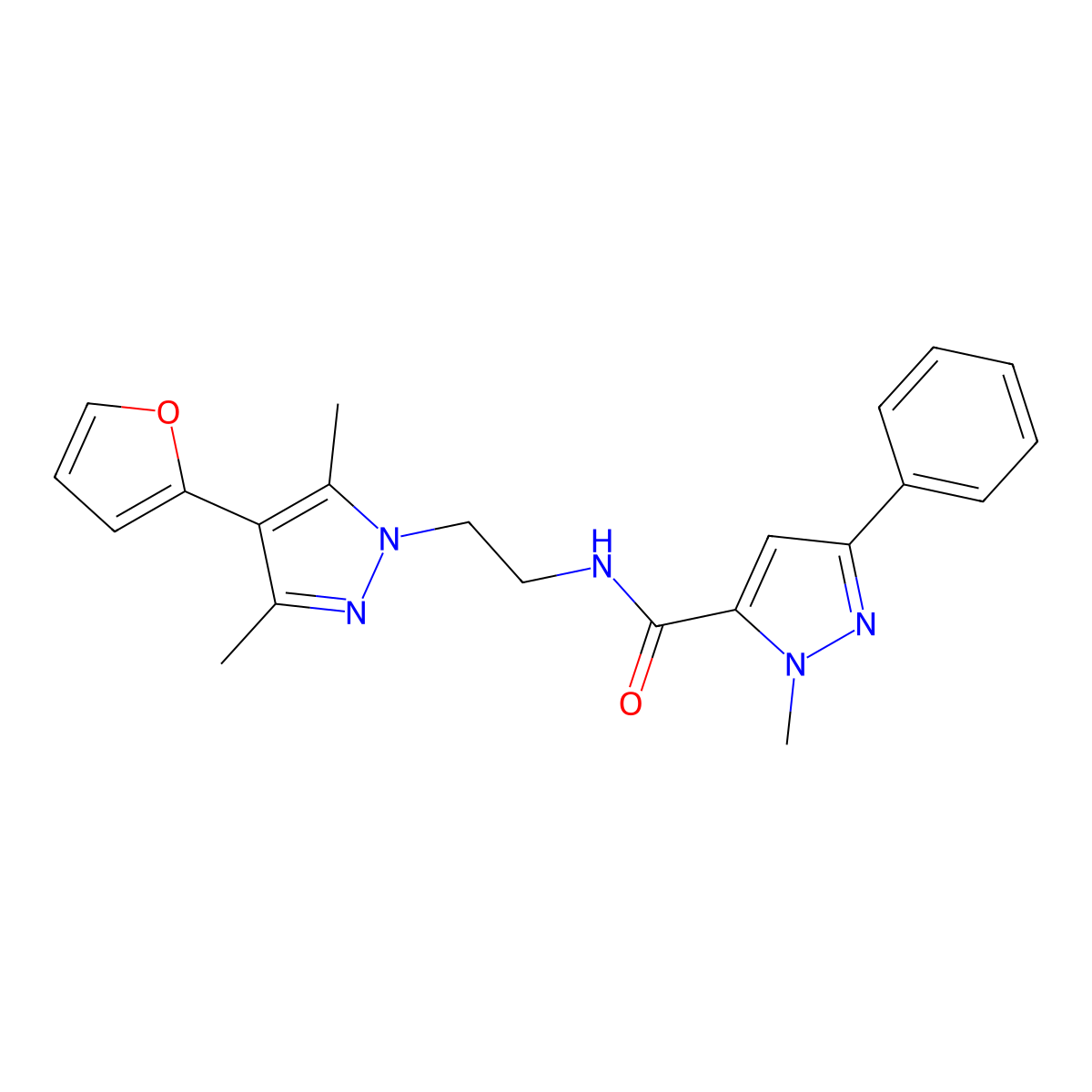 N-{2-[4-(furan-2-yl)-3,5-dimethyl-1H-pyrazol-1-yl]ethyl}-1-methyl-3-phenyl-1H-pyrazole-5-carboxamide molecular structure, CAS 2034374-03-1