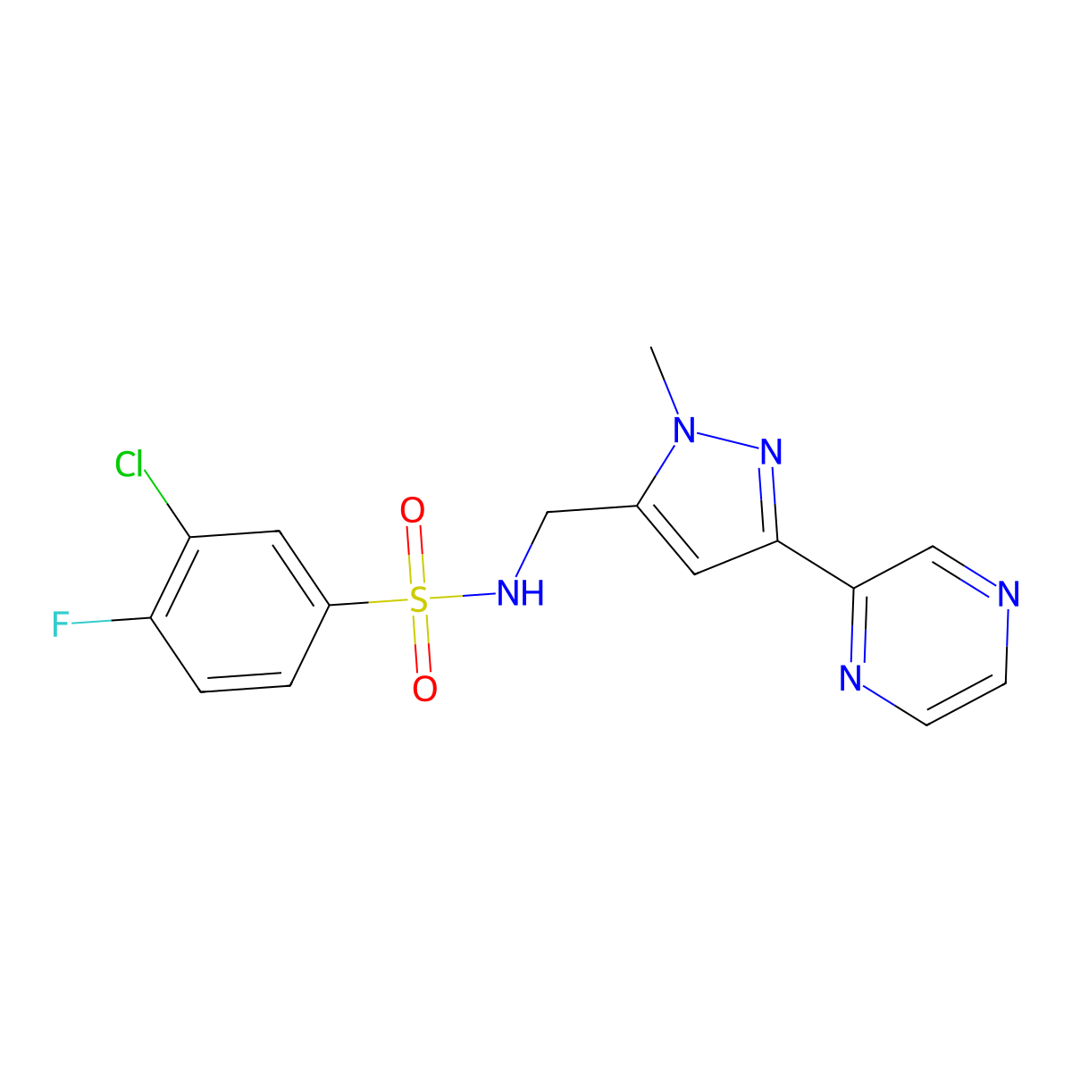 3-chloro-4-fluoro-N-((1-methyl-3-(pyrazin-2-yl)-1H-pyrazol-5-yl)methyl)benzenesulfonamide molecular structure, CAS 2034374-04-2