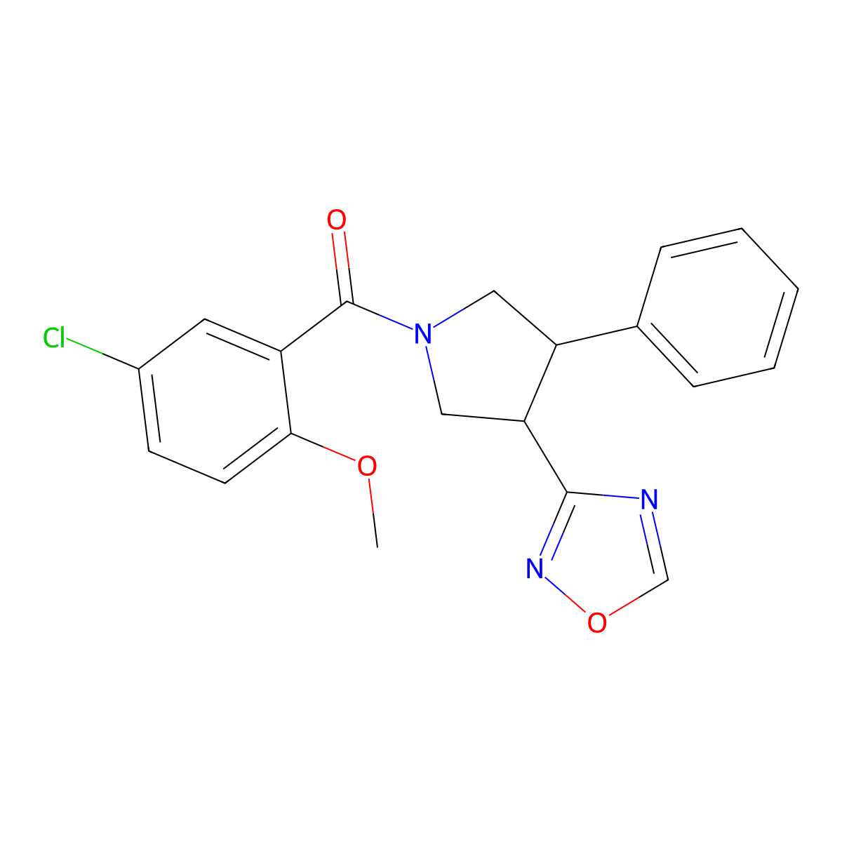 (3-(1,2,4-Oxadiazol-3-yl)-4-phenylpyrrolidin-1-yl)(5-chloro-2-methoxyphenyl)methanone molecular structure, CAS 2034374-18-8