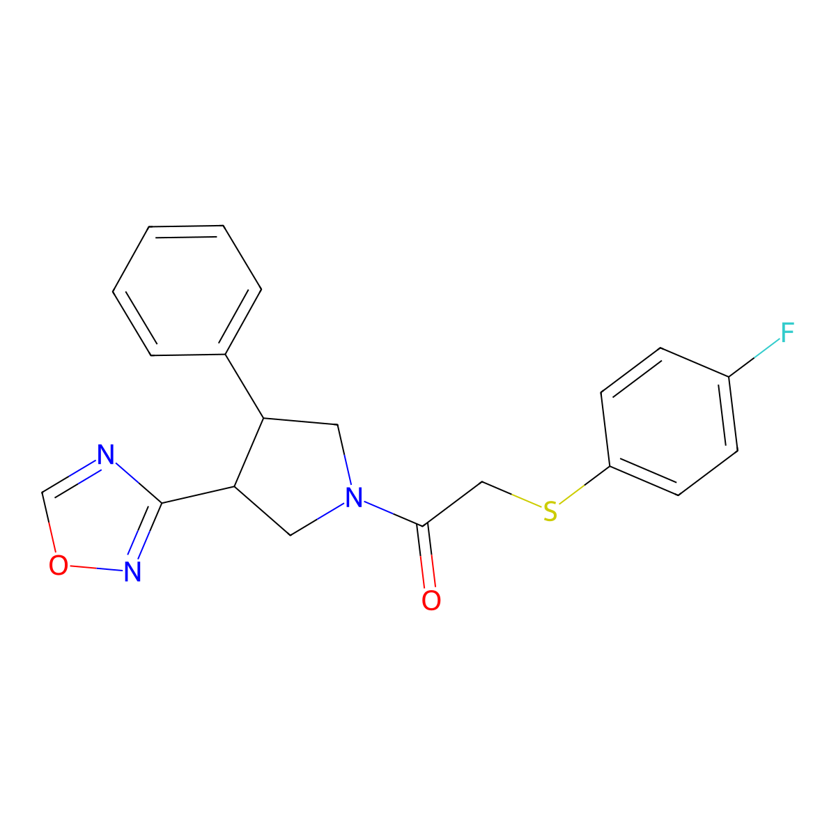 1-(3-(1,2,4-Oxadiazol-3-yl)-4-phenylpyrrolidin-1-yl)-2-((4-fluorophenyl)thio)ethanone molecular structure, CAS 2034374-25-7