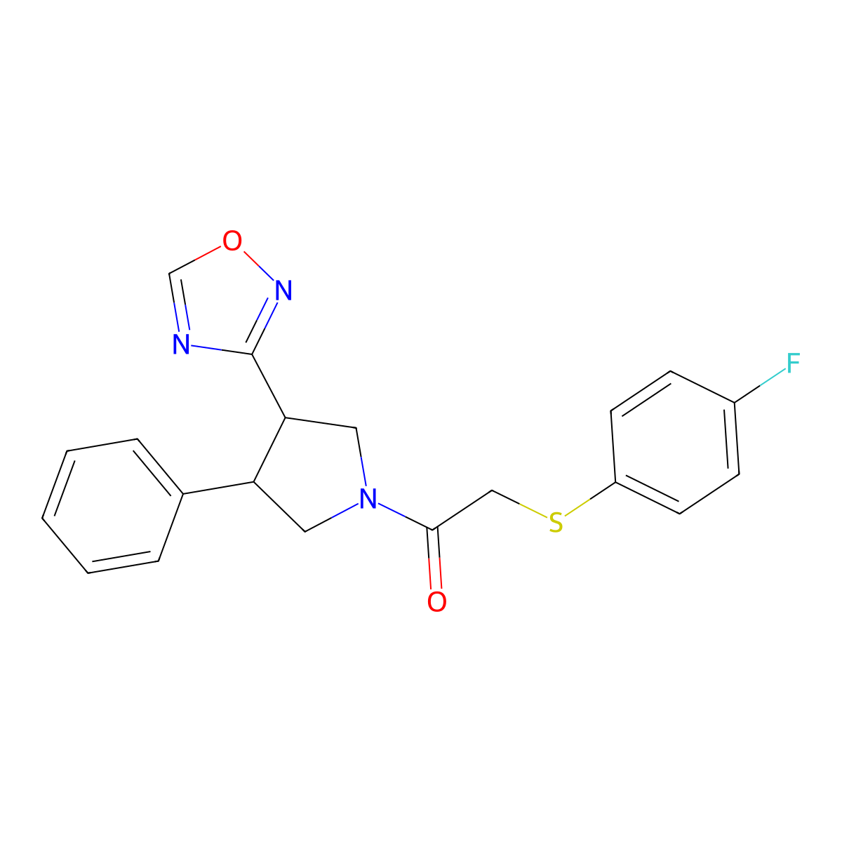1-(3-(1,2,4-Oxadiazol-3-yl)-4-phenylpyrrolidin-1-yl)-2-((4-fluorophenyl)thio)ethanone molecular structure, CAS 2034374-25-7