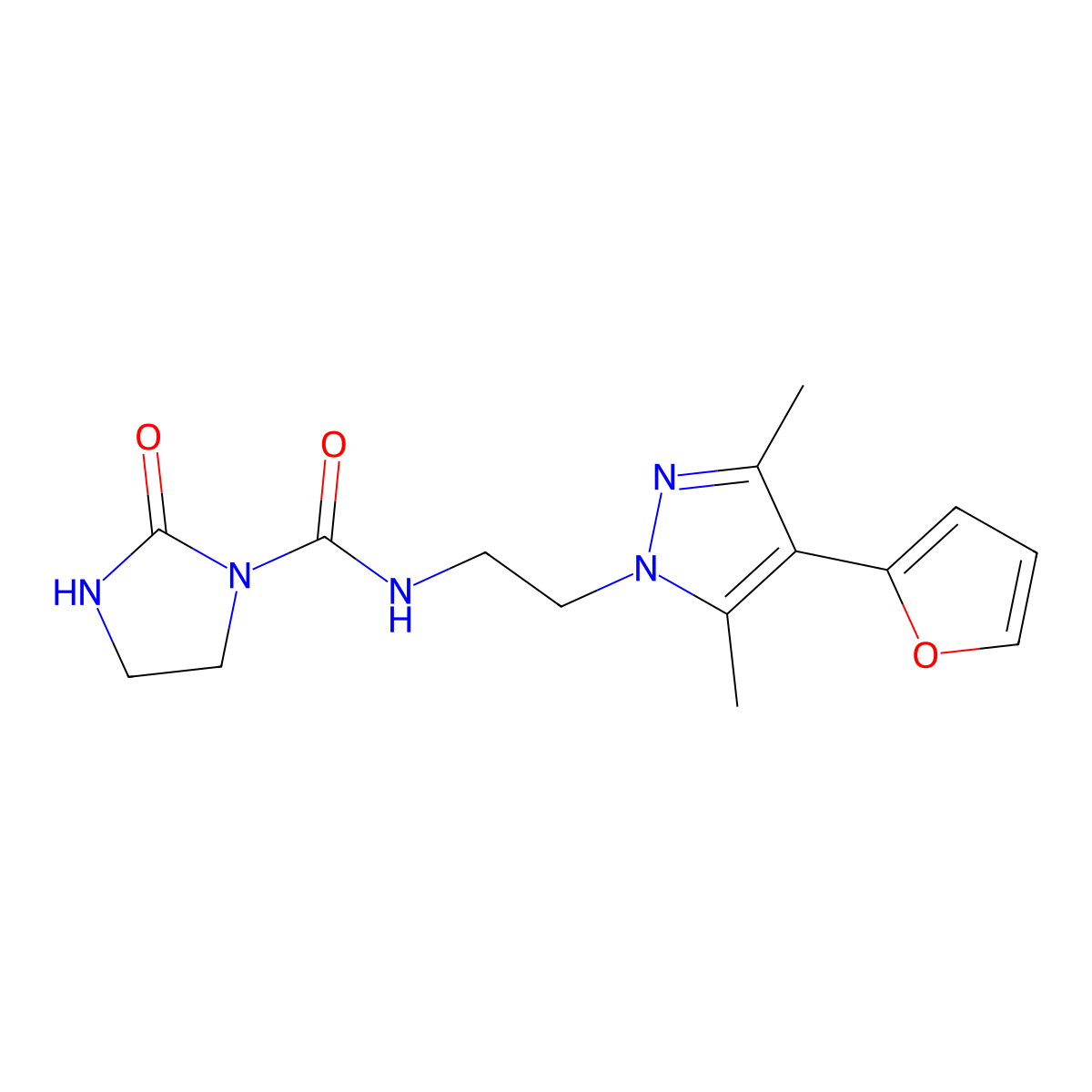N-(2-(4-(furan-2-yl)-3,5-dimethyl-1H-pyrazol-1-yl)ethyl)-2-oxoimidazolidine-1-carboxamide molecular structure, CAS 2034374-26-8