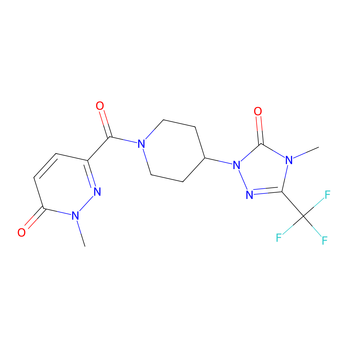 2-methyl-6-(4-(4-methyl-5-oxo-3-(trifluoromethyl)-4,5-dihydro-1H-1,2,4-triazol-1-yl)piperidine-1-carbonyl)pyridazin-3(2H)-one molecular structure, CAS 2034374-28-0