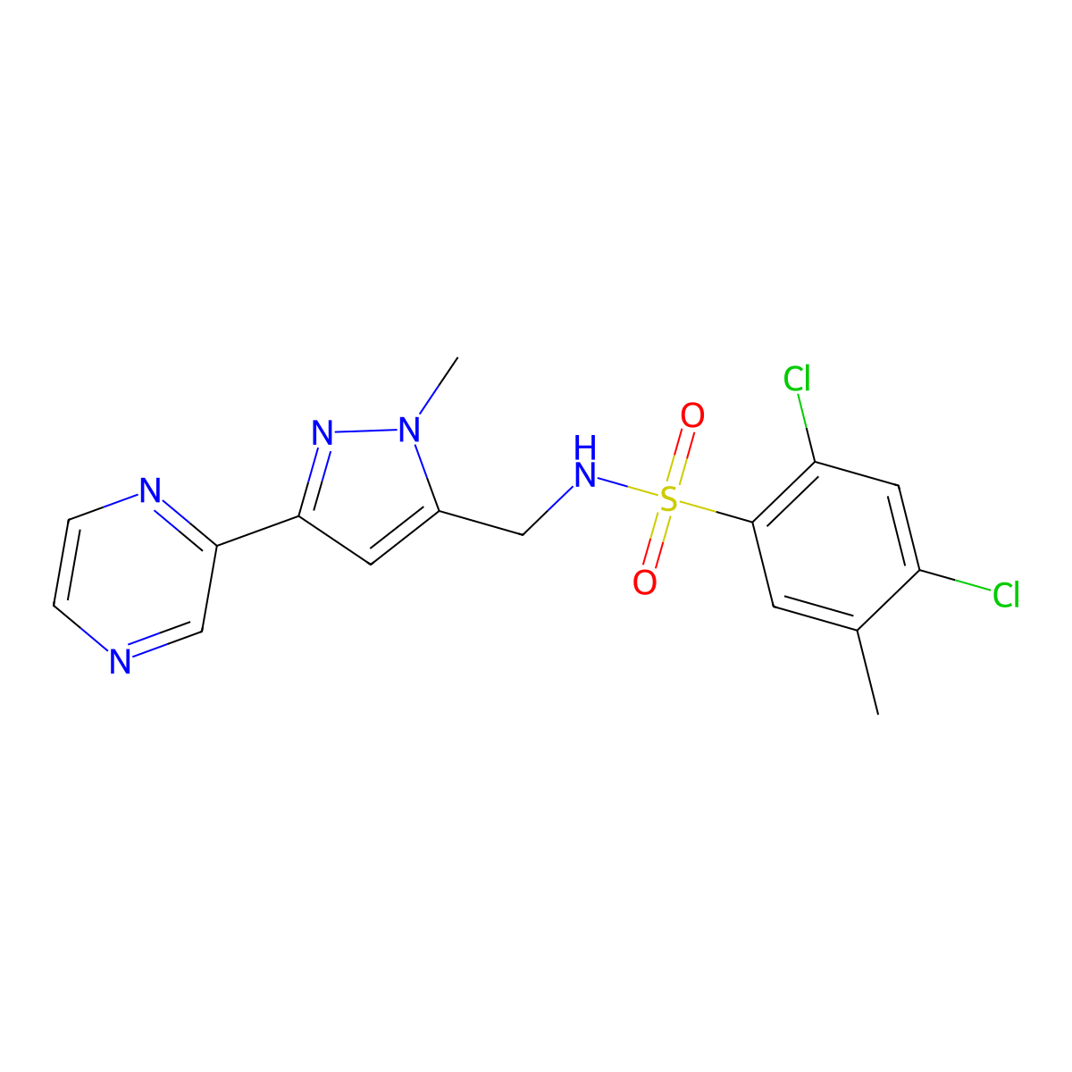 2,4-dichloro-5-methyl-N-((1-methyl-3-(pyrazin-2-yl)-1H-pyrazol-5-yl)methyl)benzenesulfonamide molecular structure, CAS 2034374-31-5